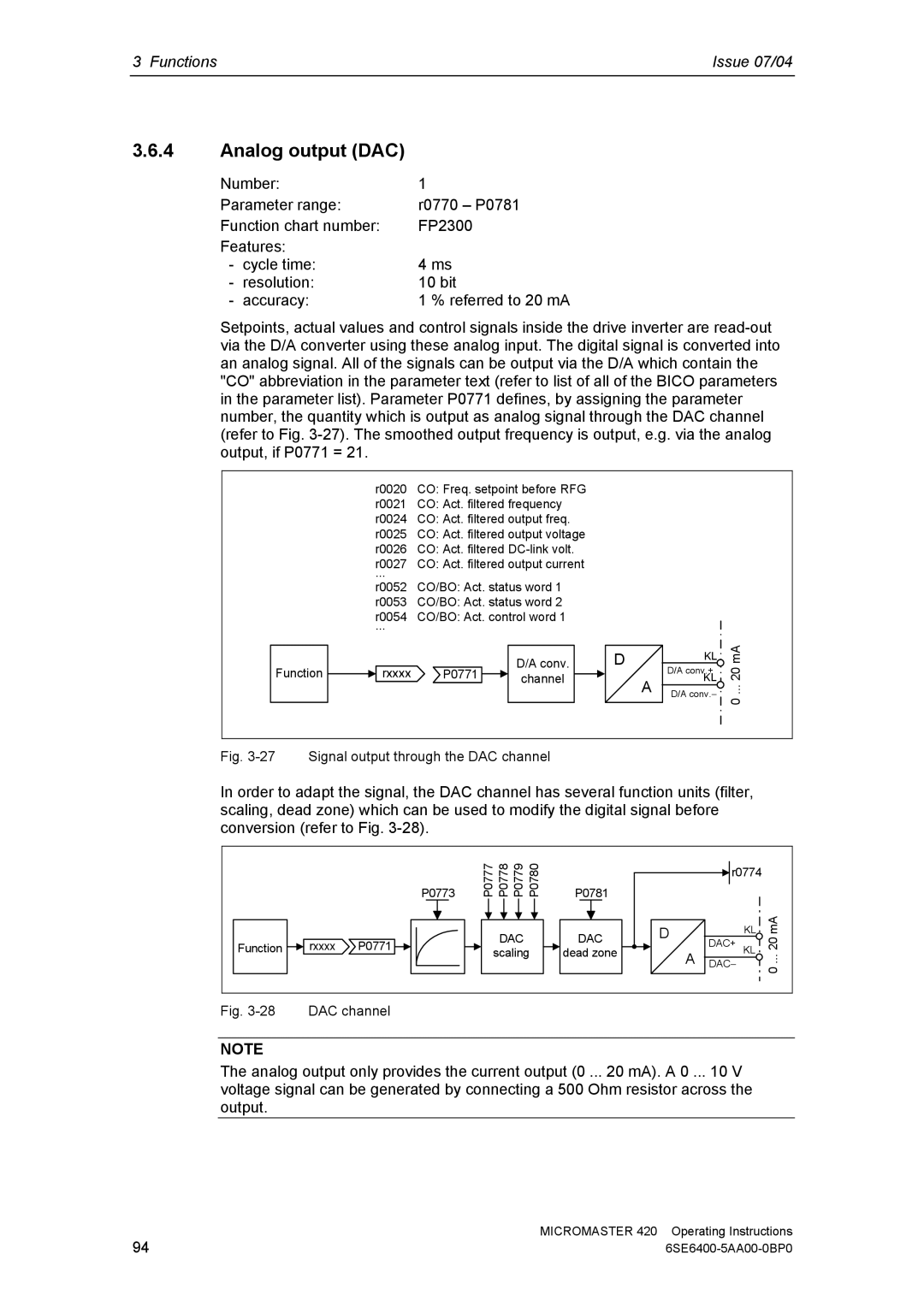 Siemens 420 manual Analog output DAC, Signal output through the DAC channel 