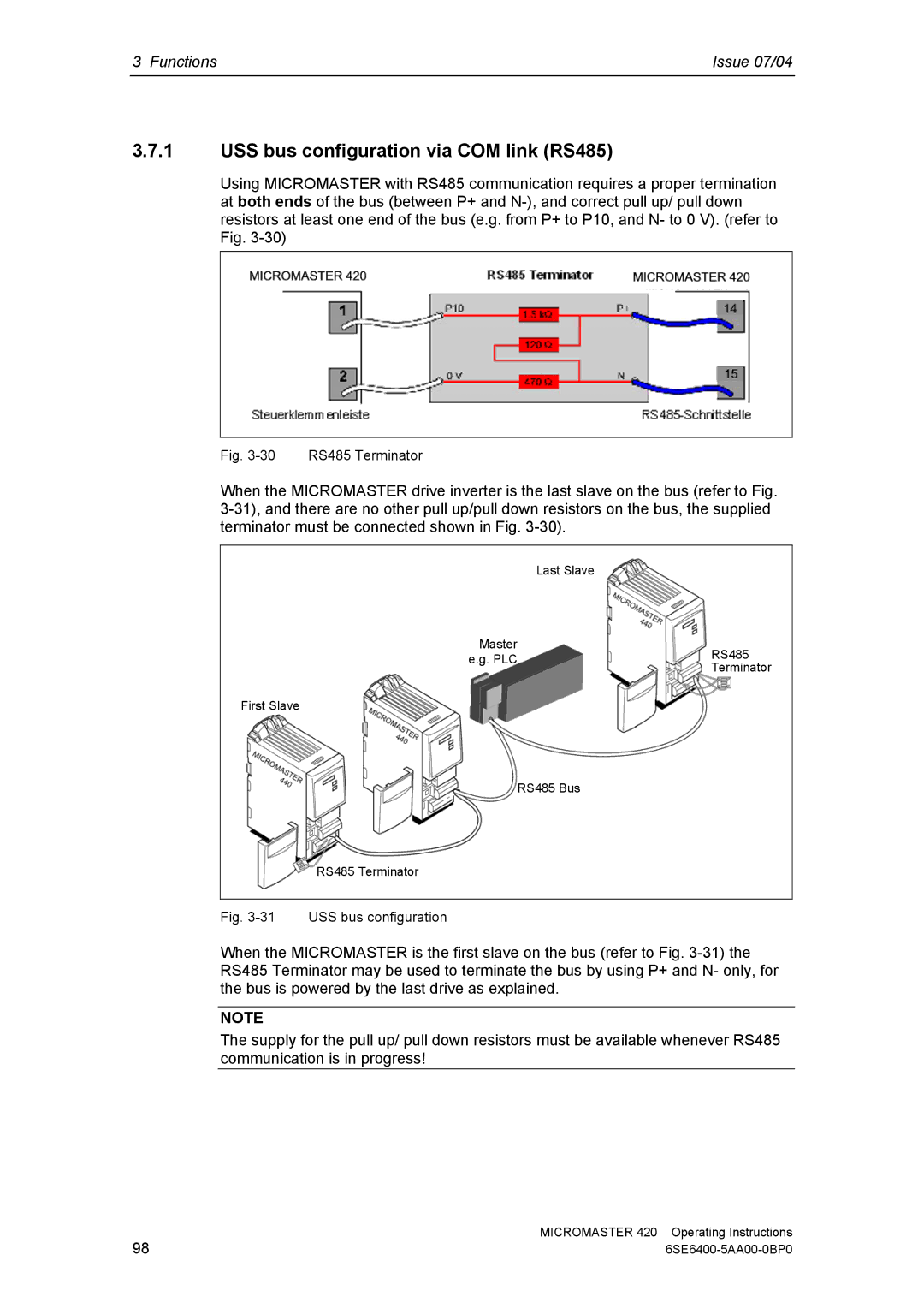 Siemens 420 manual USS bus configuration via COM link RS485, 30 RS485 Terminator 