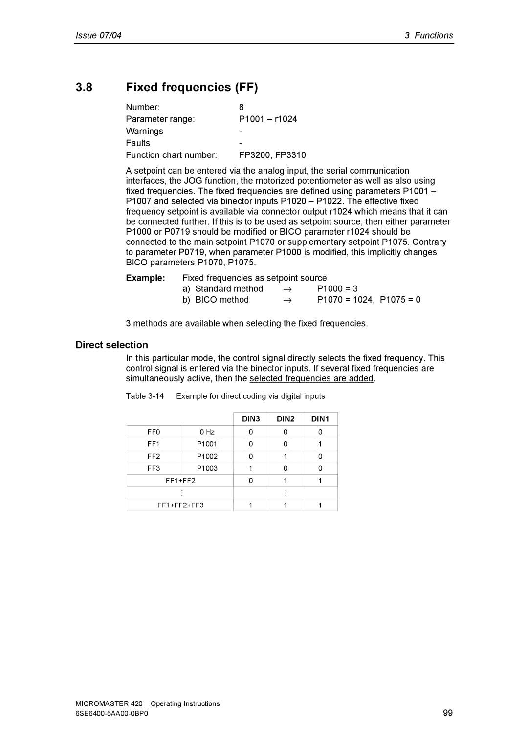 Siemens 420 manual Fixed frequencies FF, Direct selection 