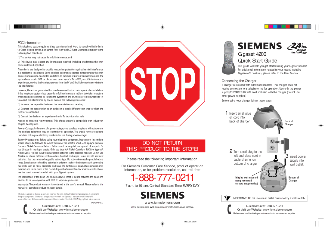 Siemens 4200 quick start FCC Information, Connecting the Charger, Please read the following important information 