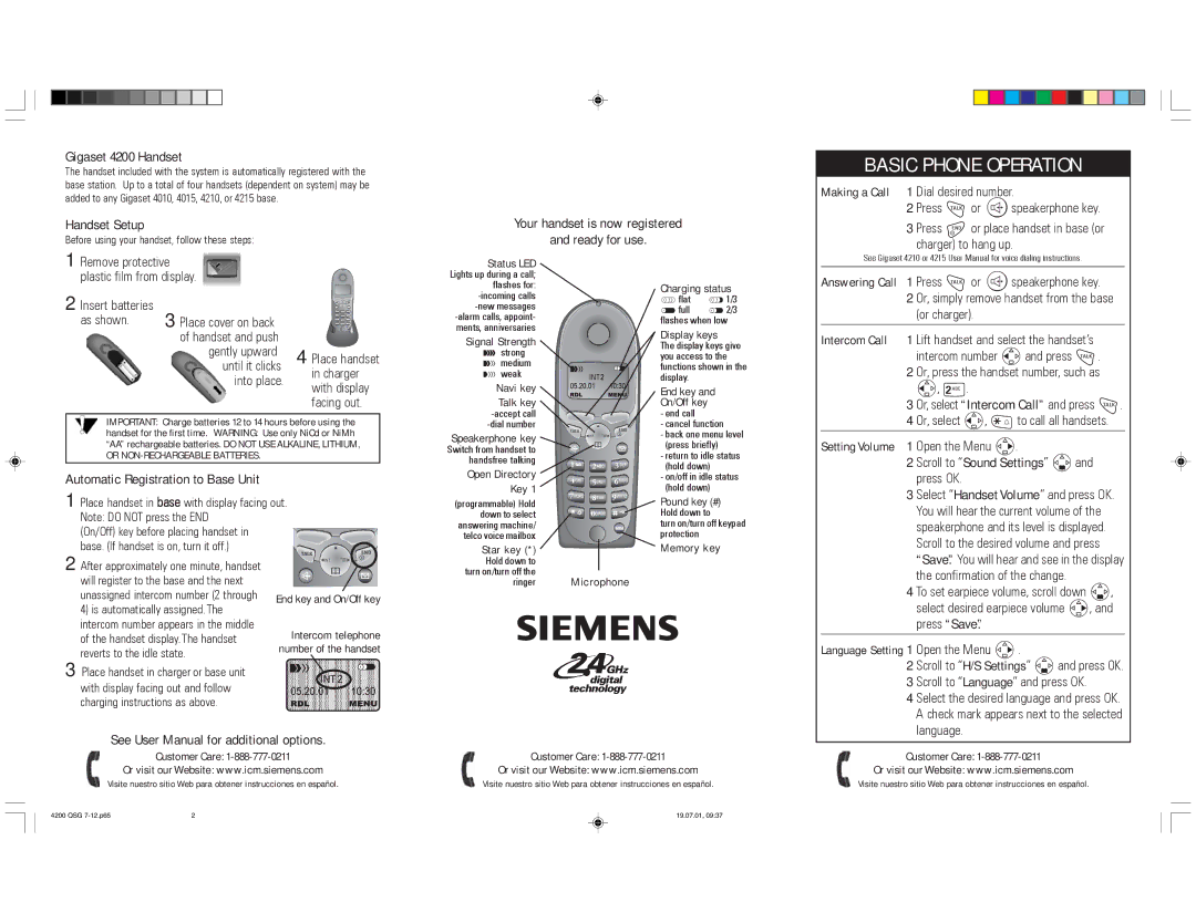 Siemens Gigaset 4200 Handset, Handset Setup, Your handset is now registered Ready for use, Handset Volume, Suhvv Save 