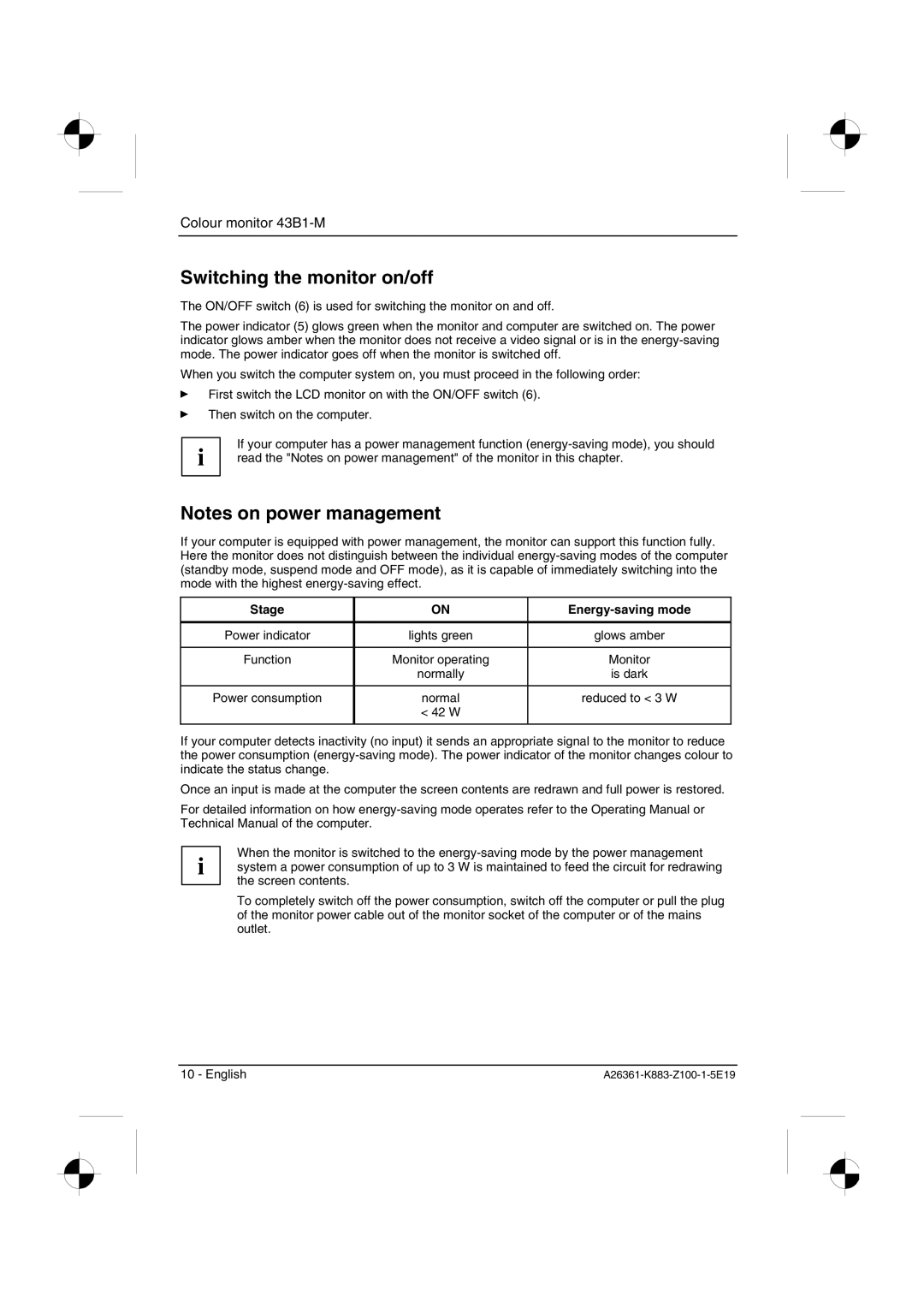 Siemens 43B1-M manual Switching the monitor on/off, Stage Energy-saving mode 