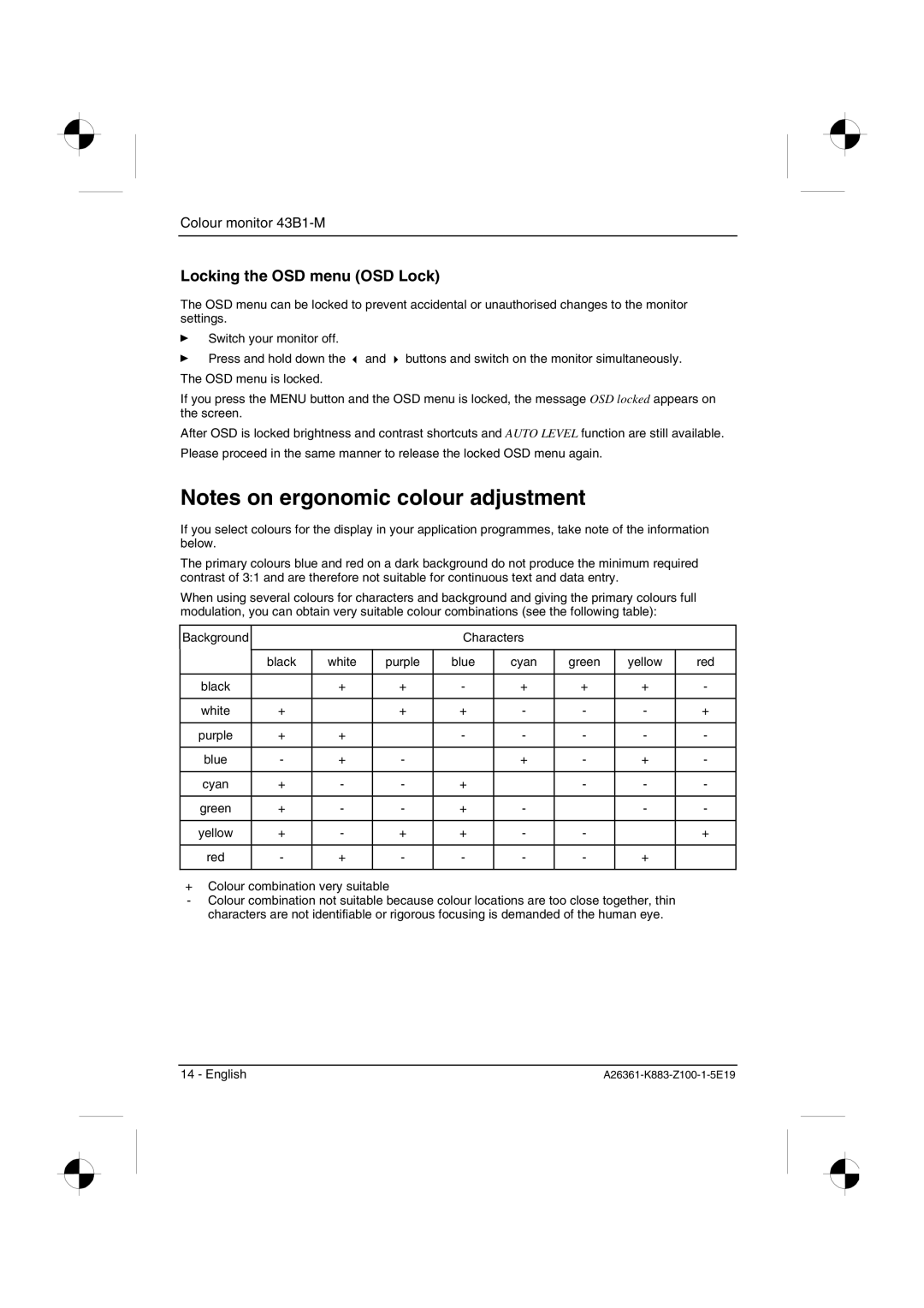 Siemens 43B1-M manual Locking the OSD menu OSD Lock 