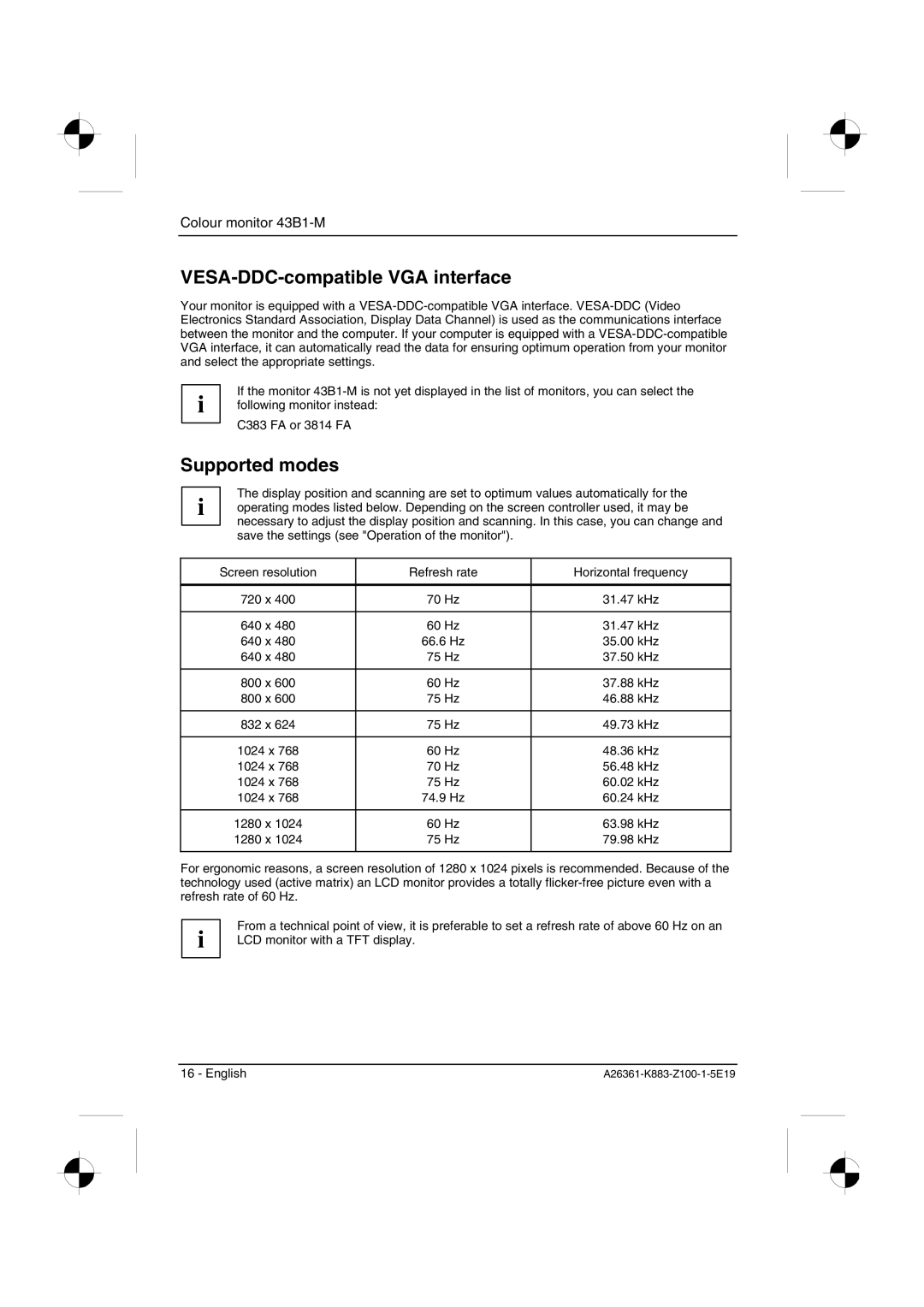 Siemens 43B1-M manual VESA-DDC-compatible VGA interface, Supported modes 