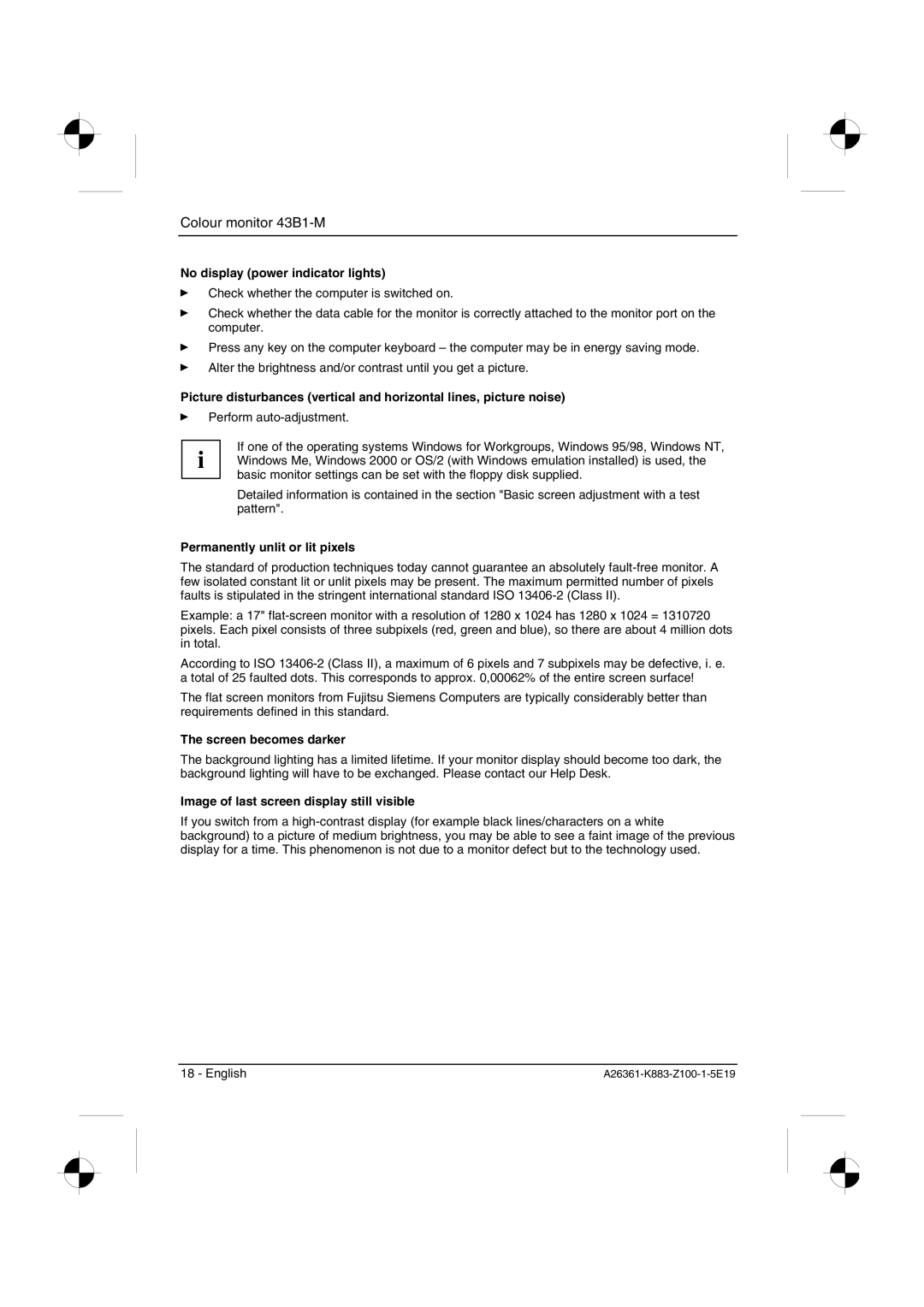 Siemens 43B1-M manual No display power indicator lights, Permanently unlit or lit pixels, Screen becomes darker 