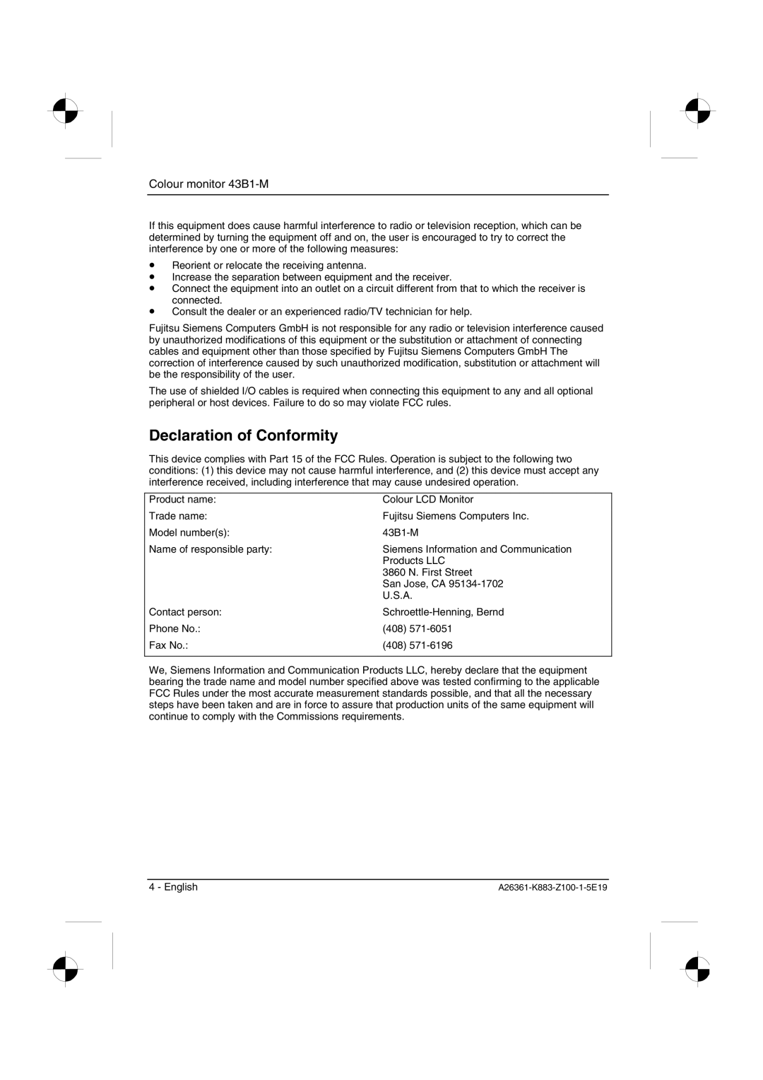 Siemens 43B1-M manual Declaration of Conformity 