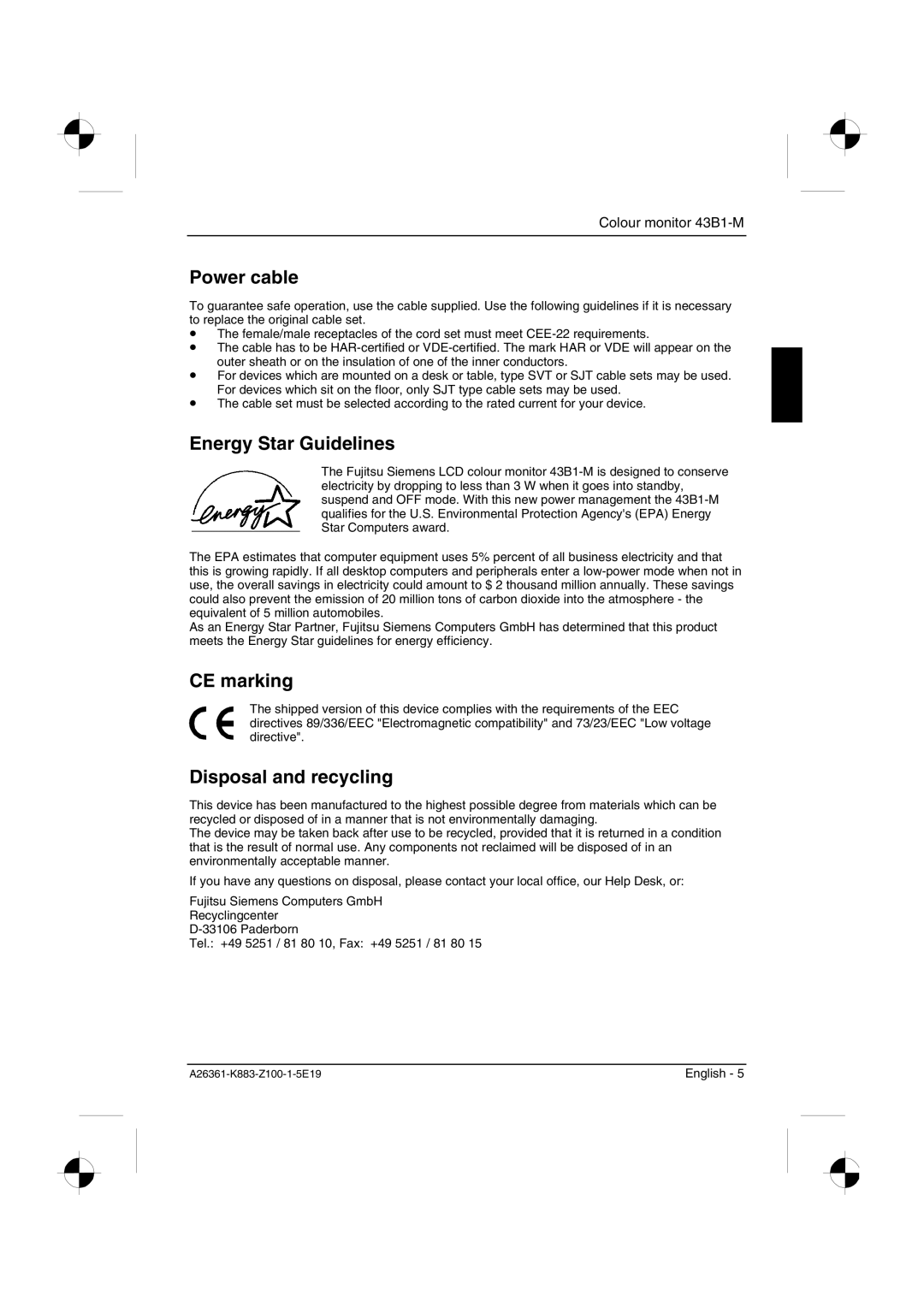 Siemens 43B1-M manual Power cable, Energy Star Guidelines, CE marking, Disposal and recycling 