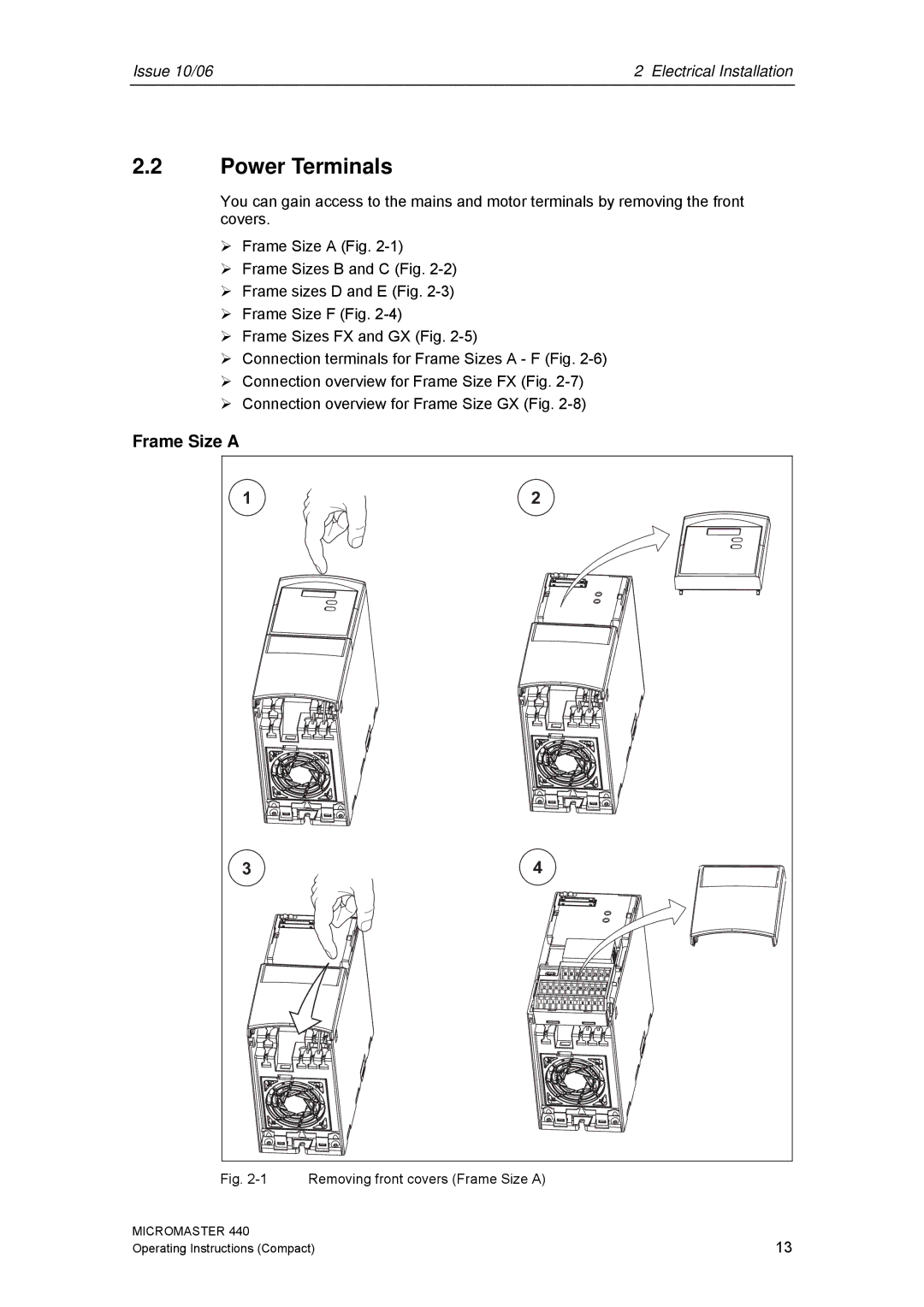 Siemens 440 operating instructions Power Terminals, Frame Size a 