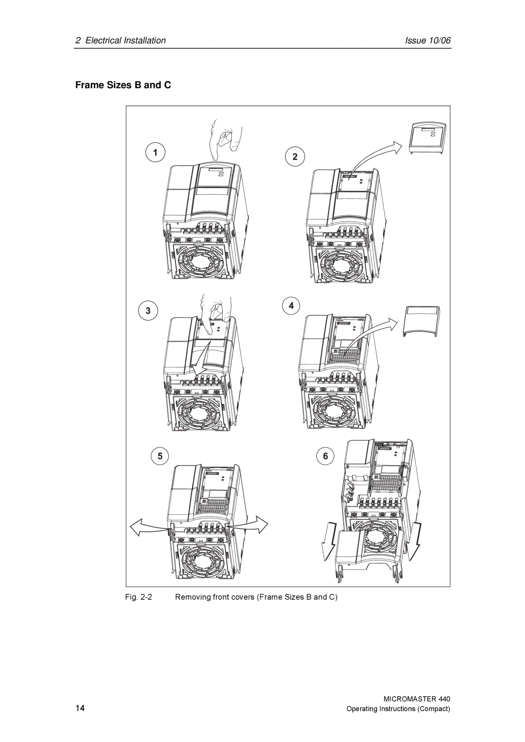 Siemens 440 operating instructions Removing front covers Frame Sizes B and C 