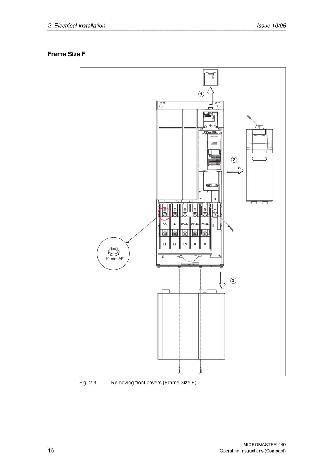 Siemens 440 operating instructions Removing front covers Frame Size F 