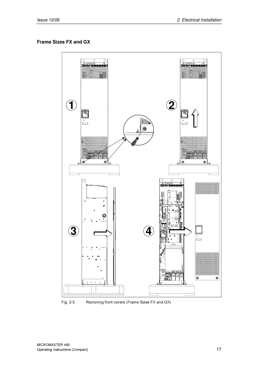 Siemens 440 operating instructions Removing front covers Frame Sizes FX and GX 