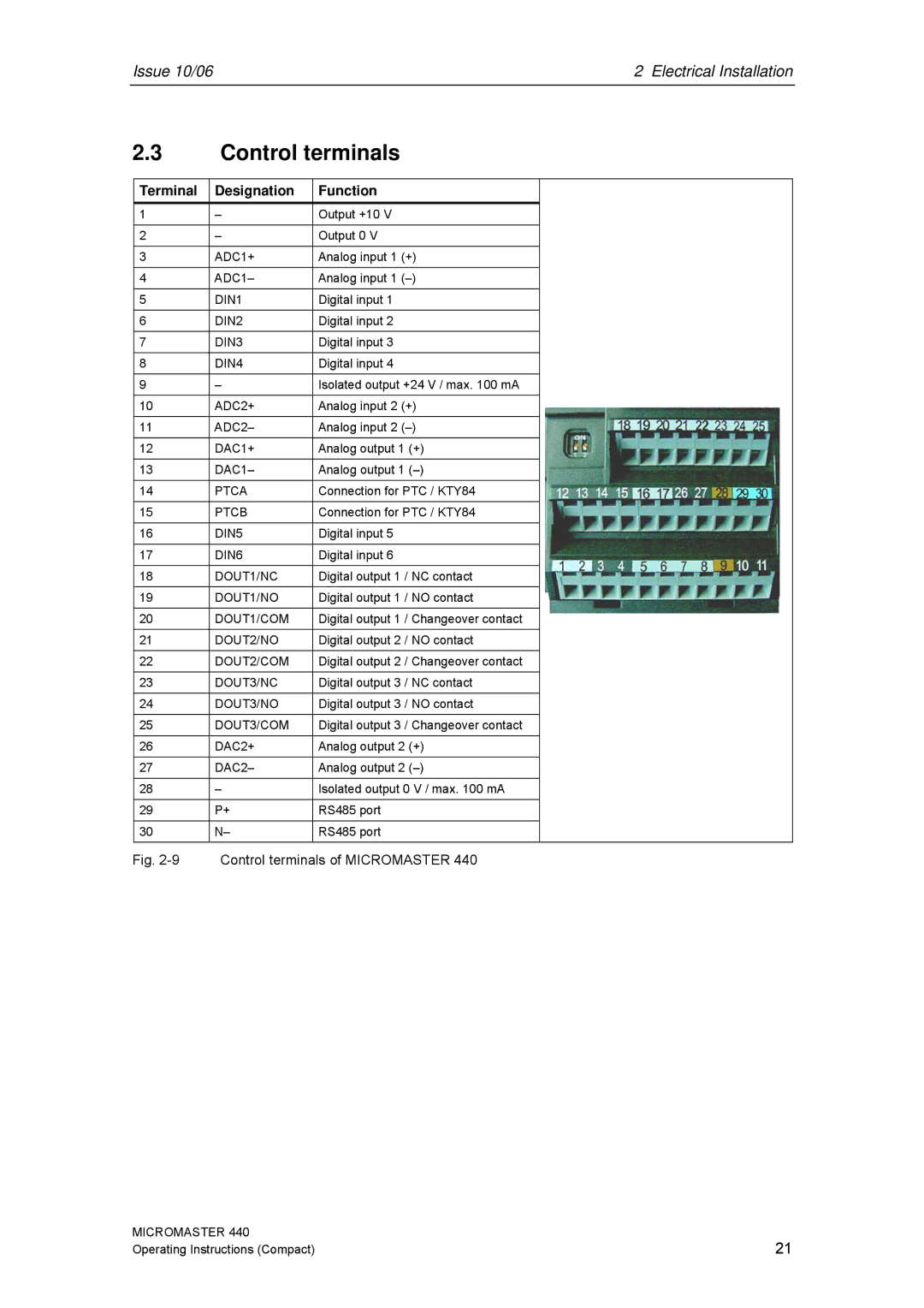 Siemens 440 operating instructions Terminal Designation Function, Control terminals of Micromaster 