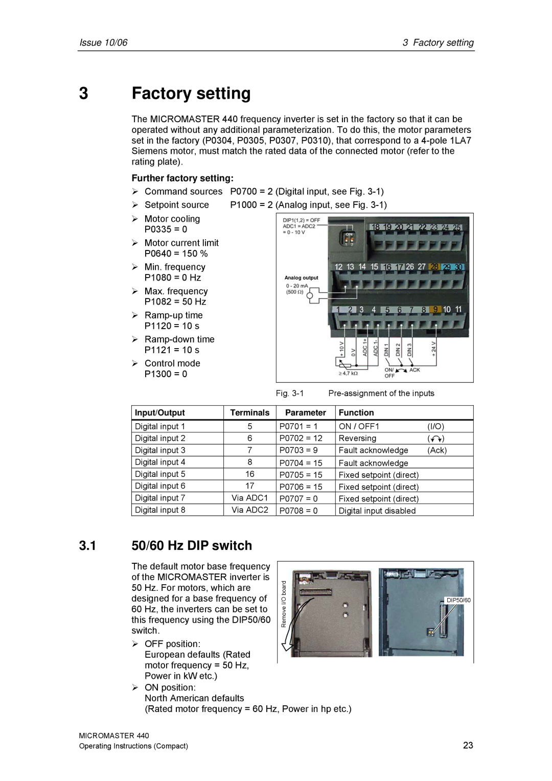 Siemens 440 50/60 Hz DIP switch, Pre-assignment of the inputs, Input/Output, Parameter Function, Digital input P0701 = 