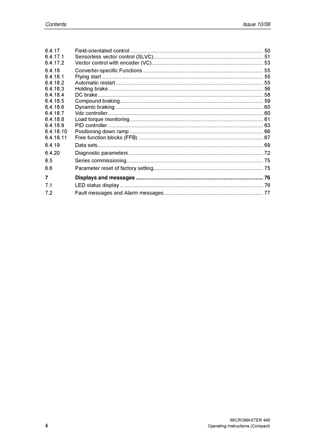 Siemens 440 operating instructions Contents Issue 10/06 