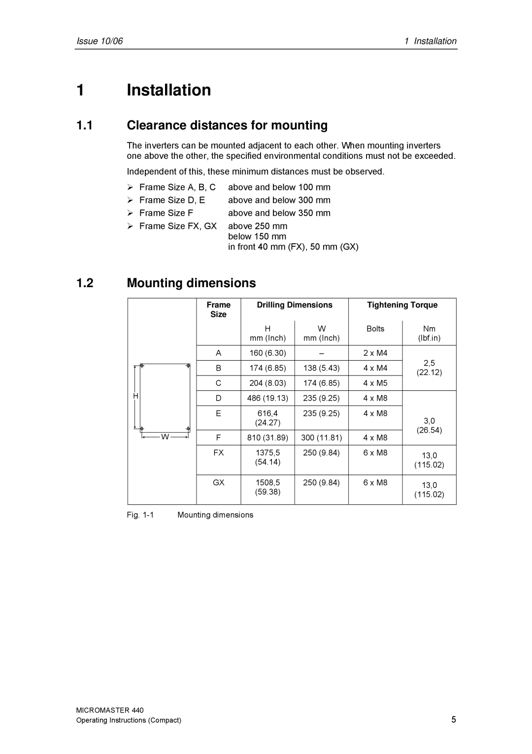 Siemens 440 Clearance distances for mounting, Mounting dimensions, Frame Drilling Dimensions Tightening Torque Size, Bolts 