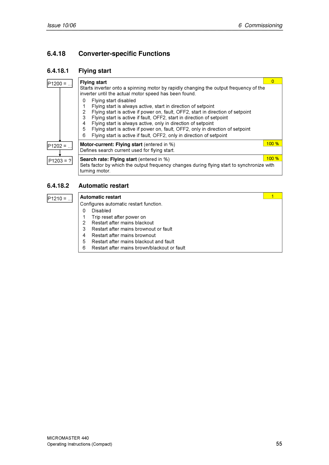 Siemens 440 operating instructions Converter-specific Functions, Flying start, Automatic restart 