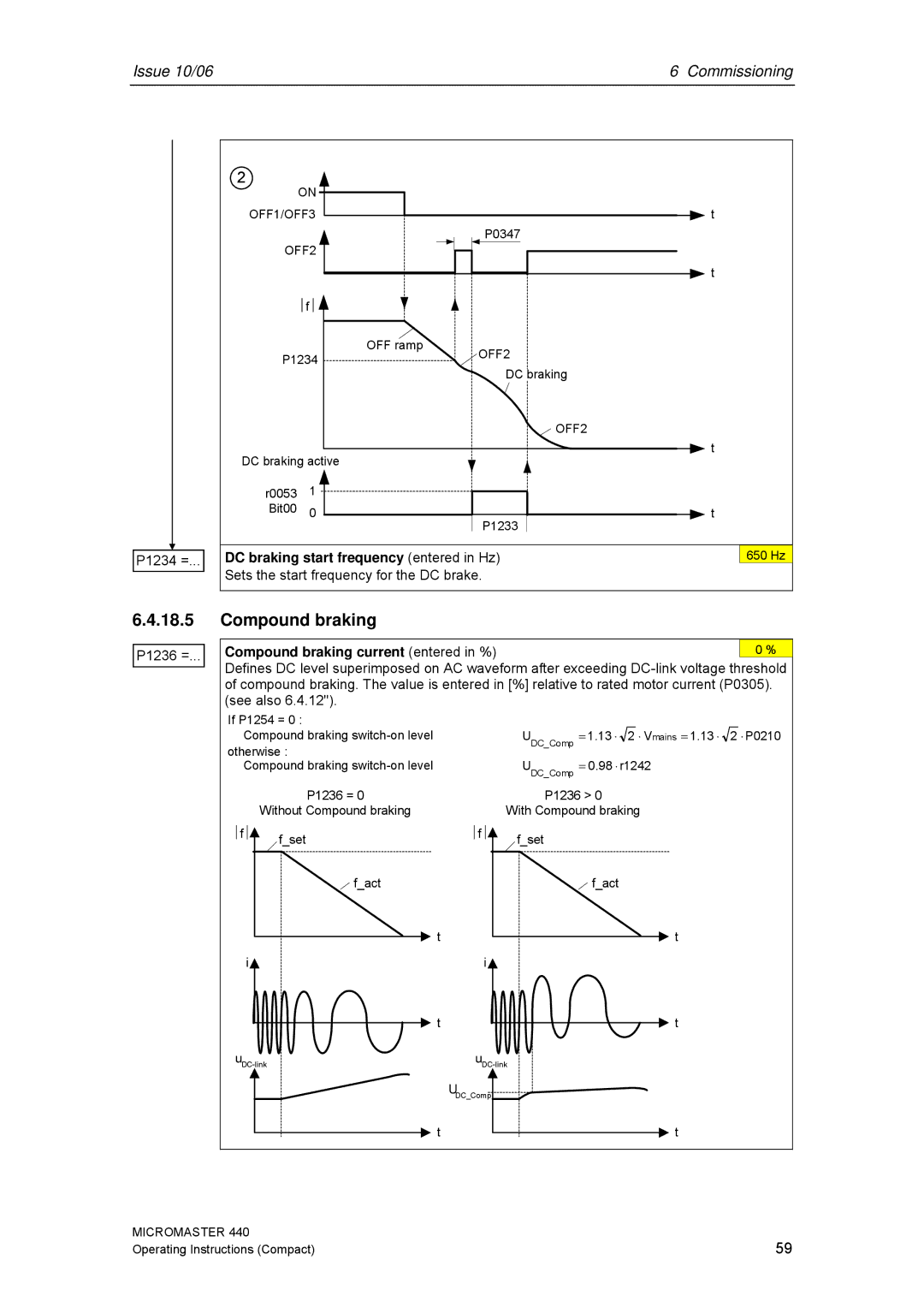 Siemens 440 operating instructions DC braking start frequency entered in Hz, Compound braking current entered in % 