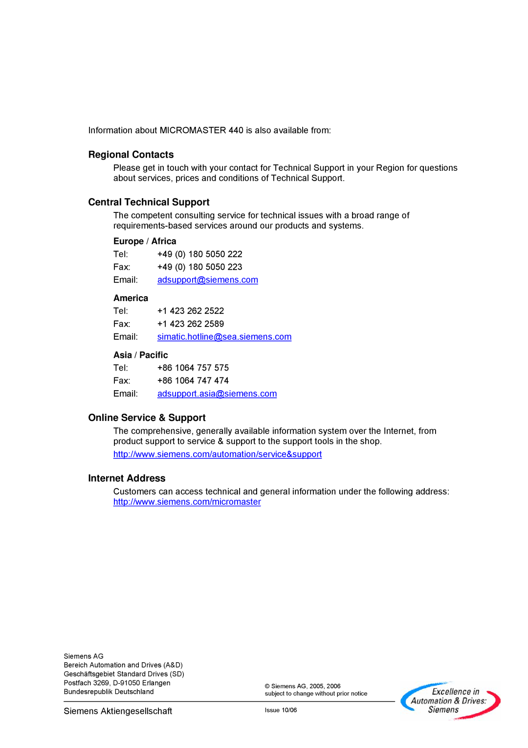 Siemens 440 operating instructions Regional Contacts, Central Technical Support, Online Service & Support, Internet Address 