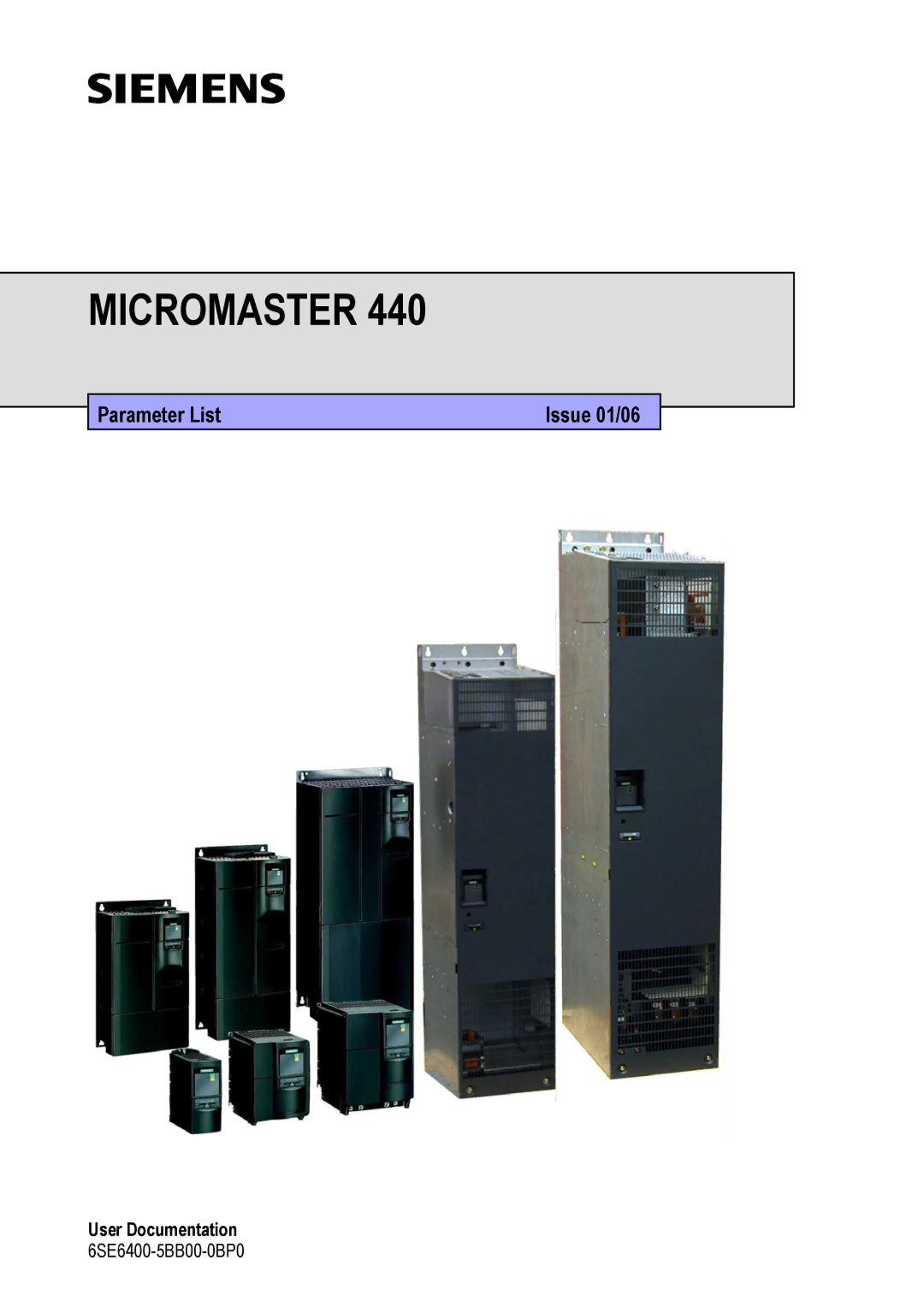 Siemens 440 manual Micromaster, Parameter List Issue 01/06 