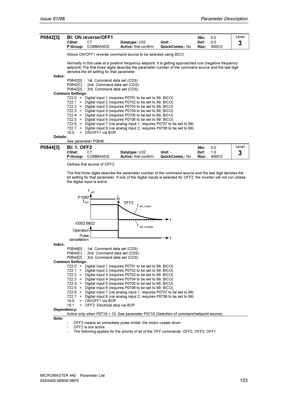 Siemens 440 manual P08423 BI on reverse/OFF1, P08443 BI 1. OFF2, 103 