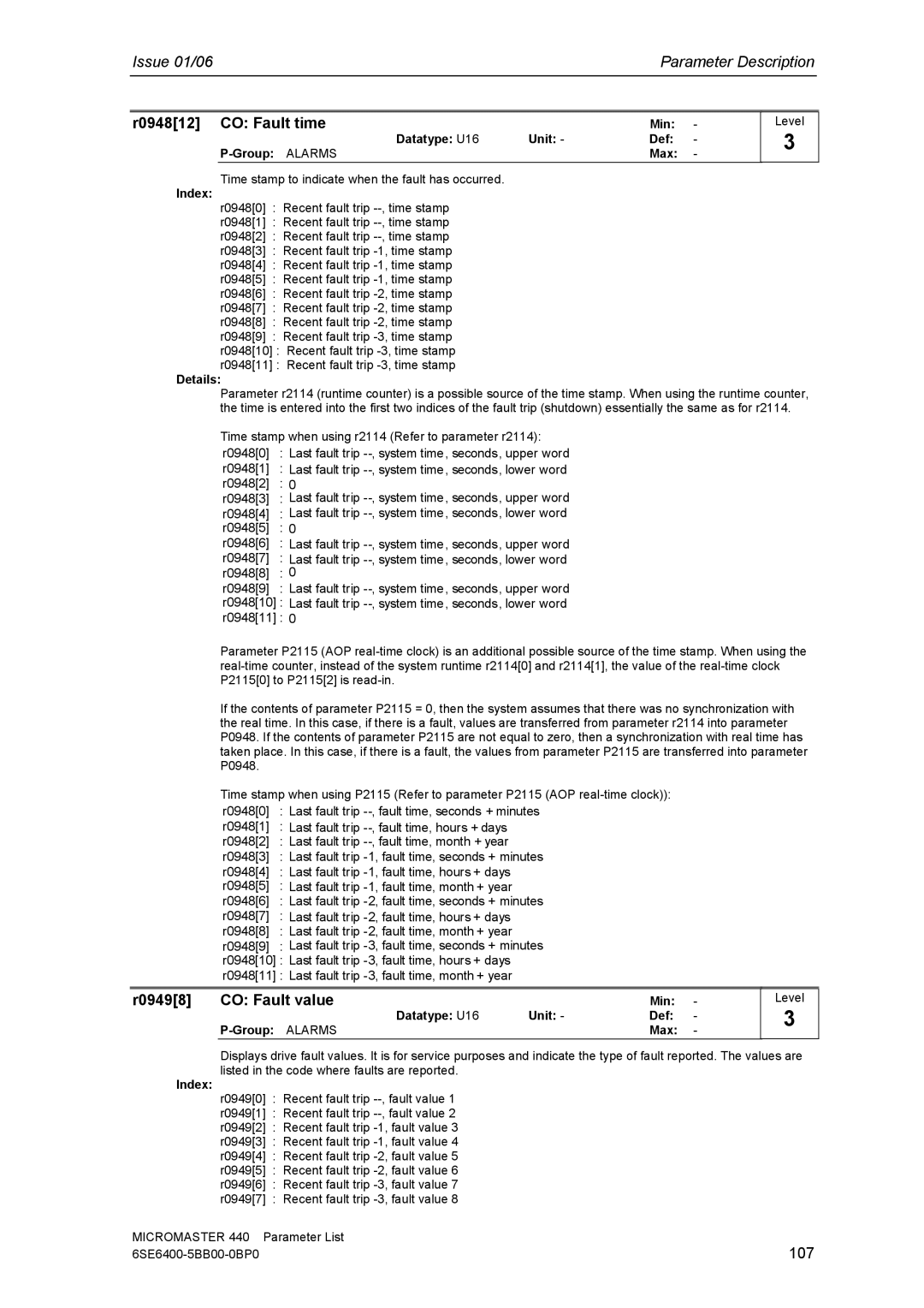 Siemens 440 manual R094812 CO Fault time, R09498 CO Fault value, 107 