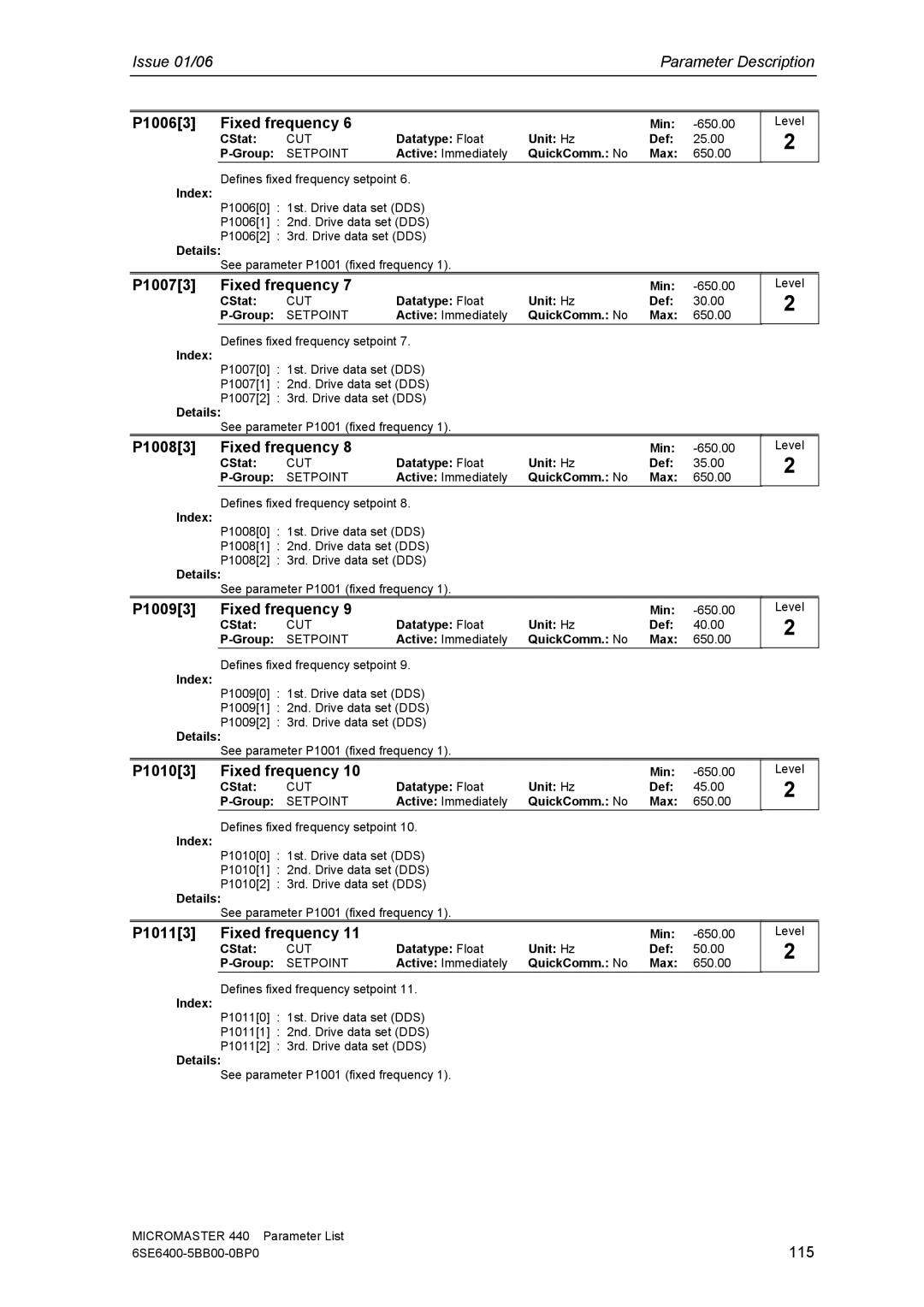 Siemens 440 manual P10063 Fixed frequency, P10073 Fixed frequency, P10083 Fixed frequency, P10093 Fixed frequency 