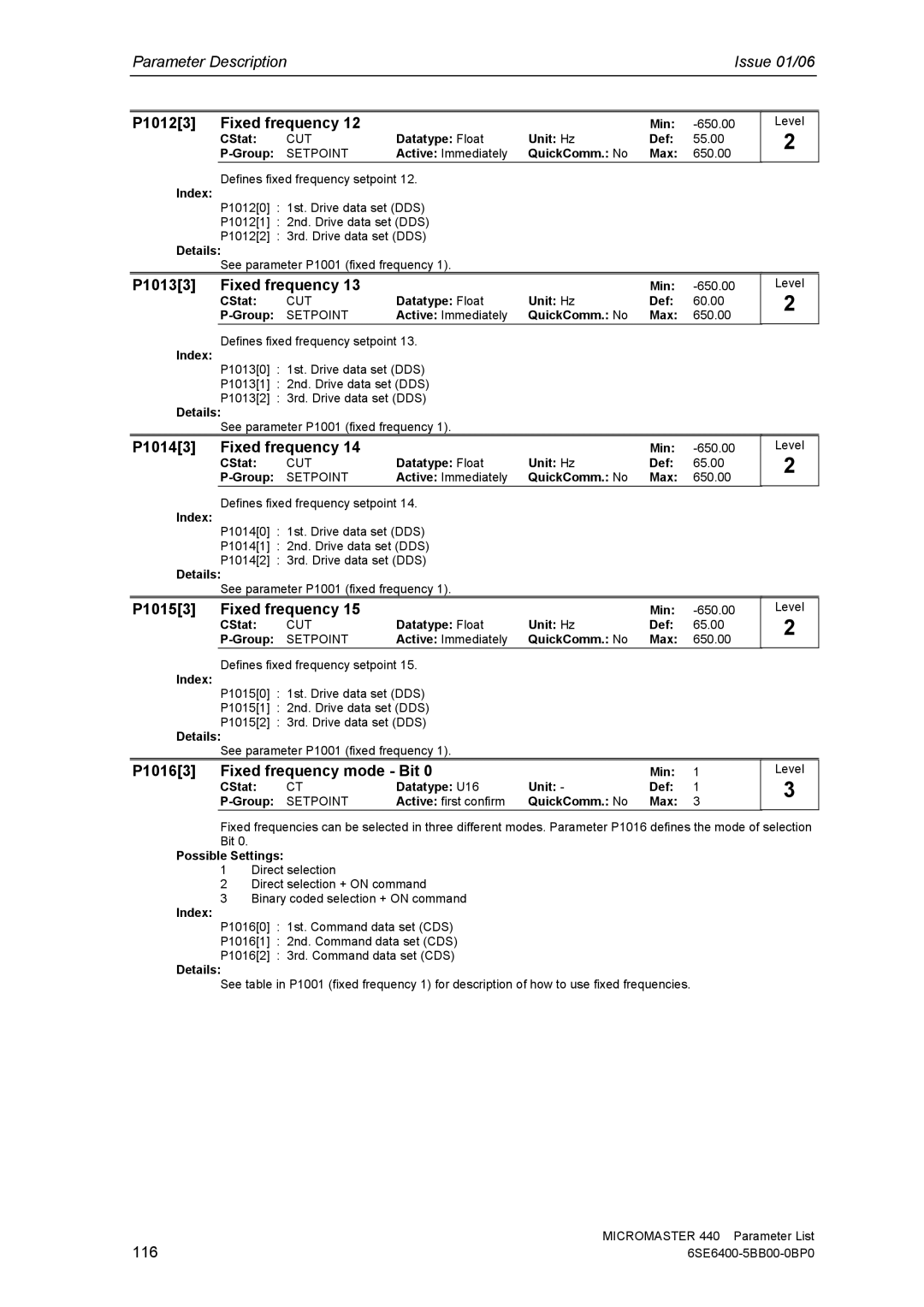 Siemens 440 manual P10123 Fixed frequency, P10133 Fixed frequency, P10143 Fixed frequency, P10153 Fixed frequency 