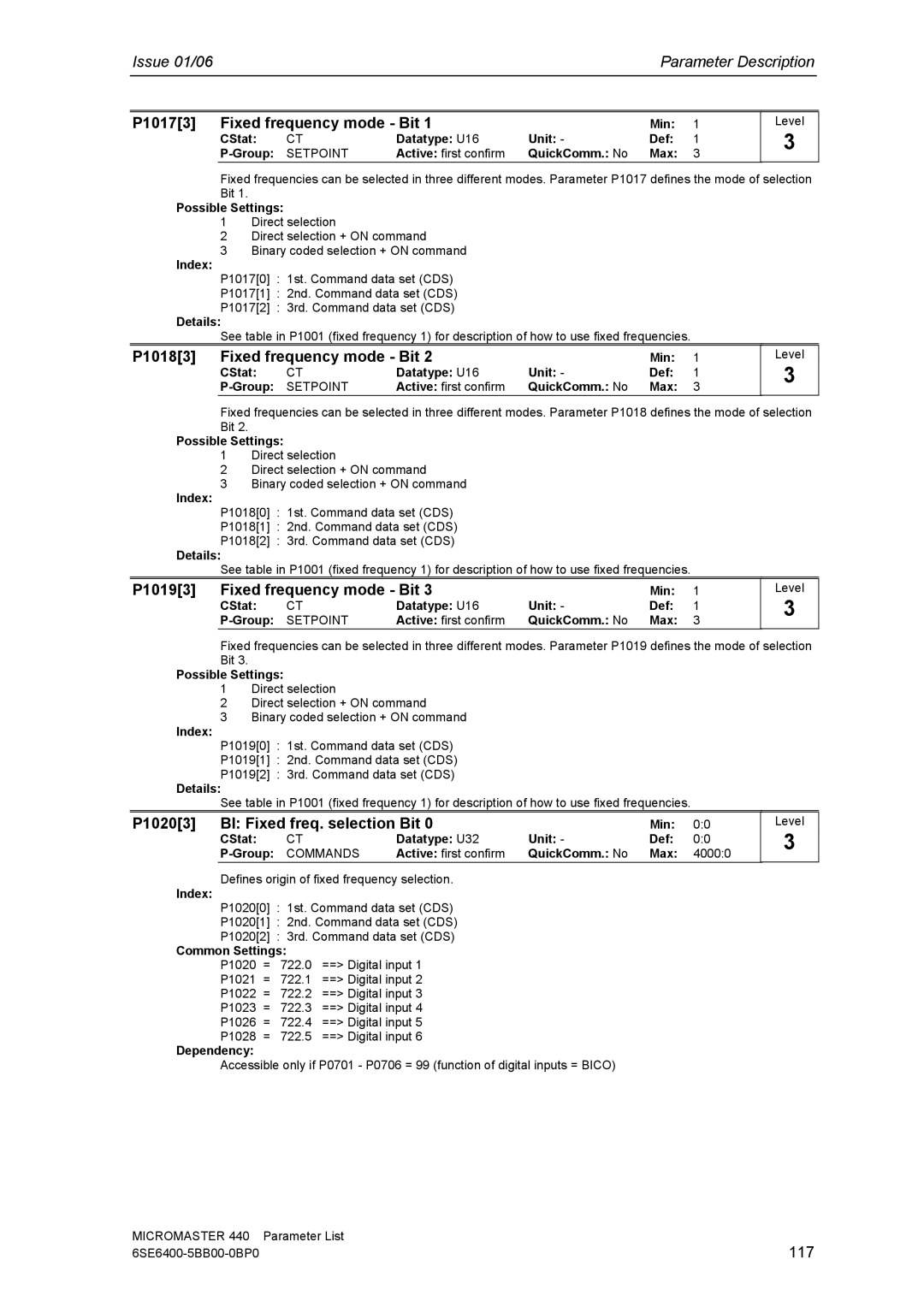 Siemens 440 manual P10173 Fixed frequency mode Bit, P10183 Fixed frequency mode Bit, P10193 Fixed frequency mode Bit, 117 