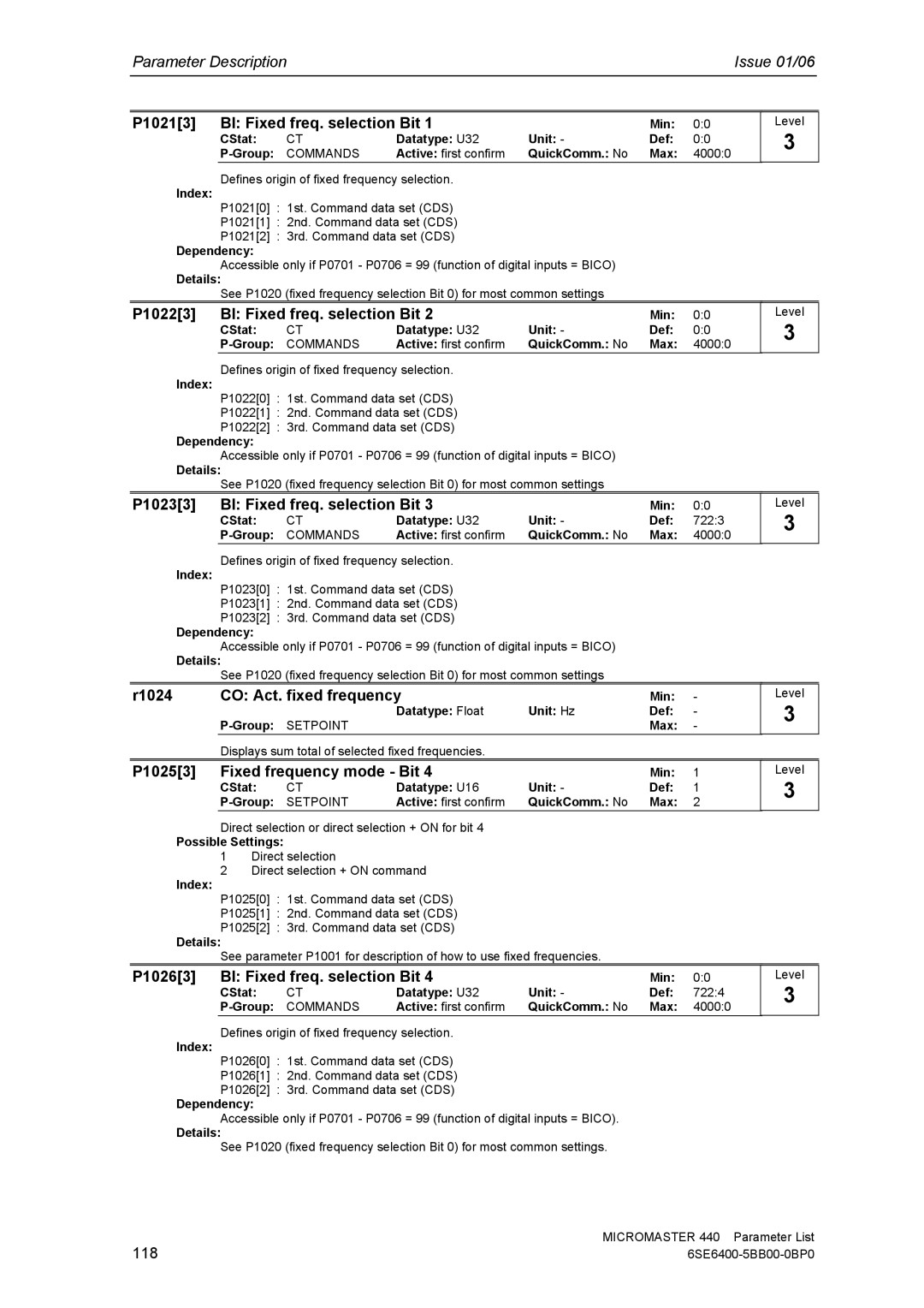 Siemens 440 P10213 BI Fixed freq. selection Bit, P10223 BI Fixed freq. selection Bit, P10233 BI Fixed freq. selection Bit 