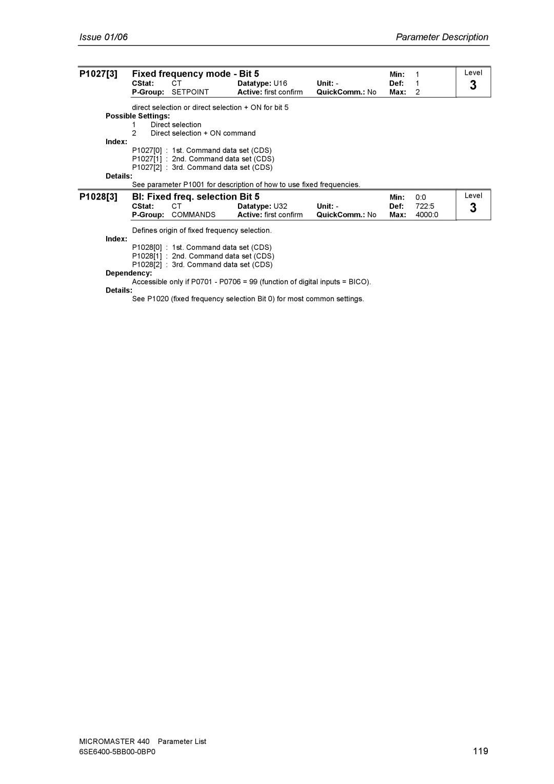 Siemens 440 manual P10273 Fixed frequency mode Bit, P10283 BI Fixed freq. selection Bit, 119 