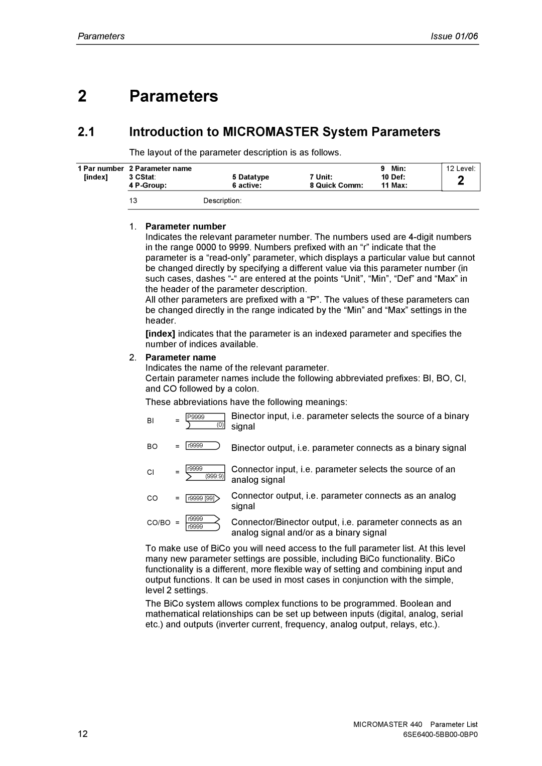 Siemens 440 manual Introduction to Micromaster System Parameters, Layout of the parameter description is as follows 