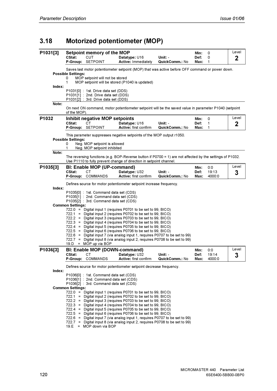 Siemens 440 manual Motorized potentiometer MOP, P10313 Setpoint memory of the MOP, P1032 Inhibit negative MOP setpoints 