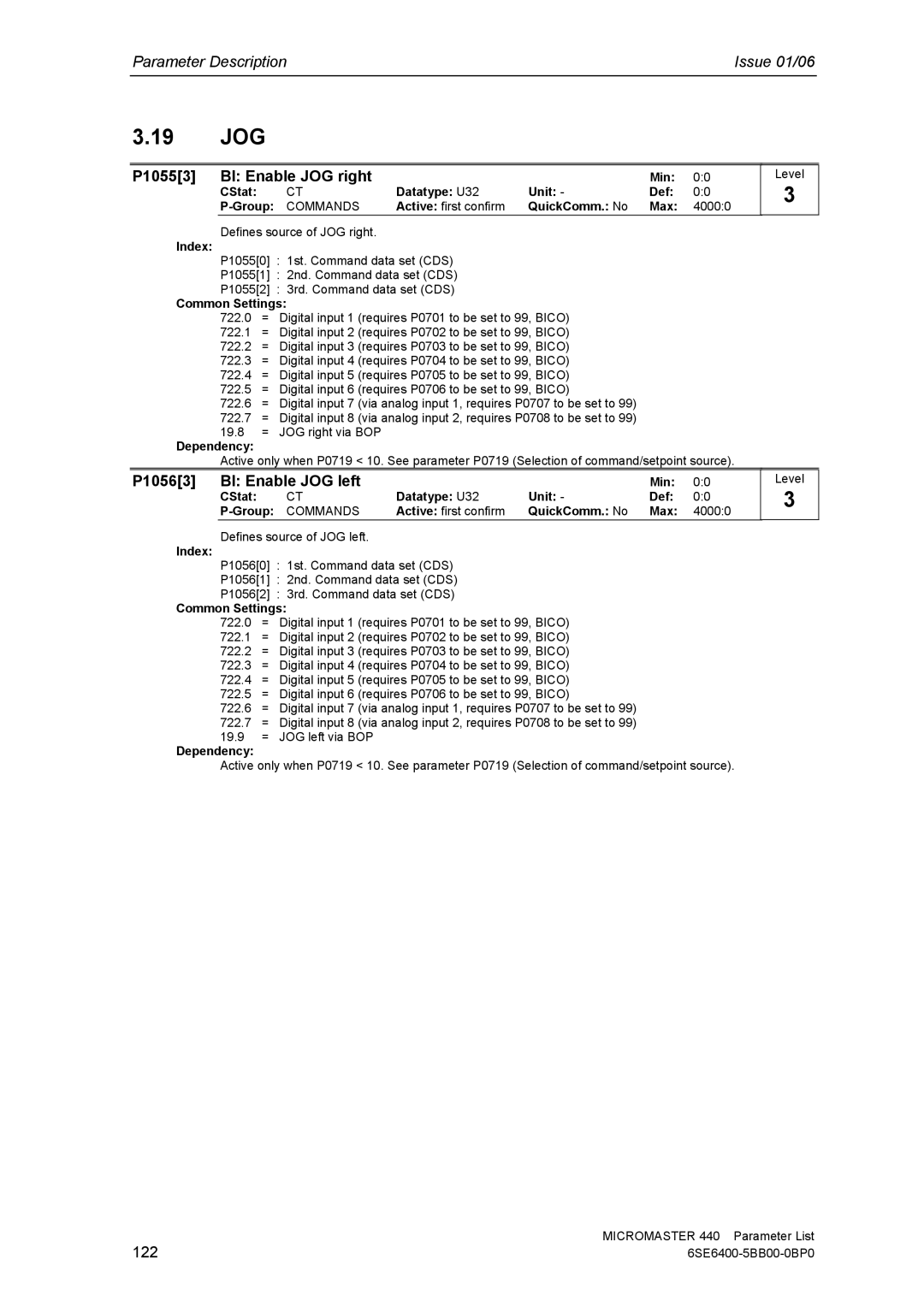 Siemens 440 manual 19 JOG, P10553 BI Enable JOG right, P10563 BI Enable JOG left 