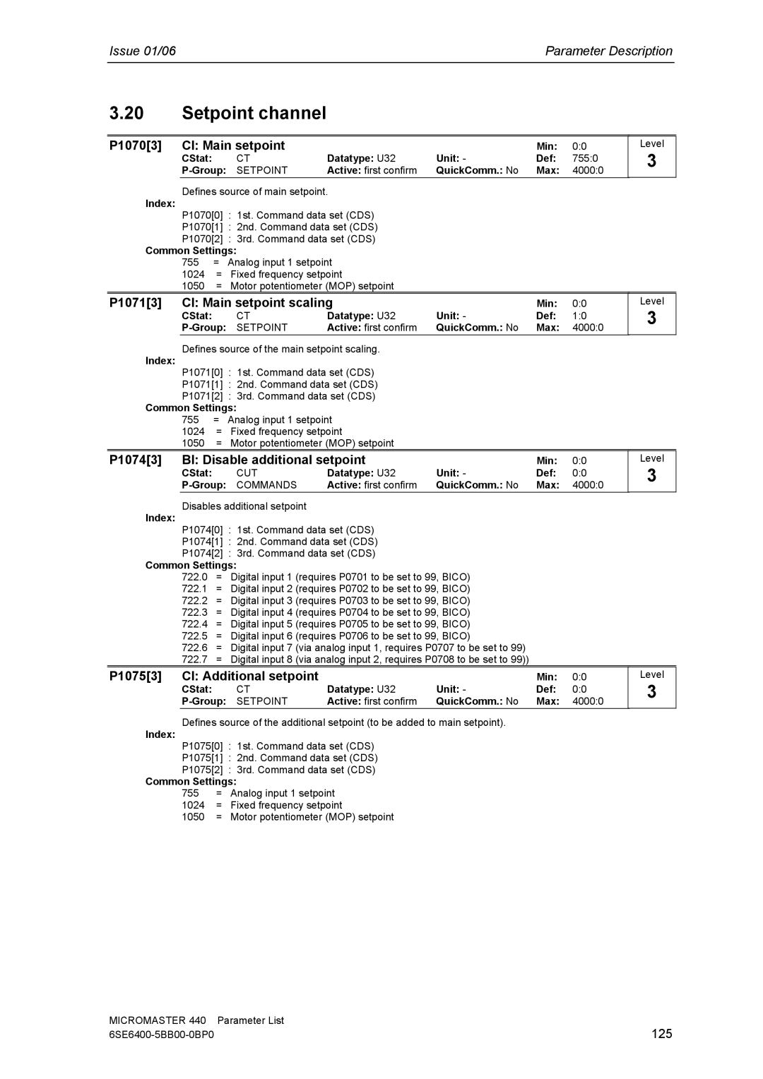 Siemens 440 Setpoint channel, P10703 CI Main setpoint, P10713 CI Main setpoint scaling, P10753 CI Additional setpoint 