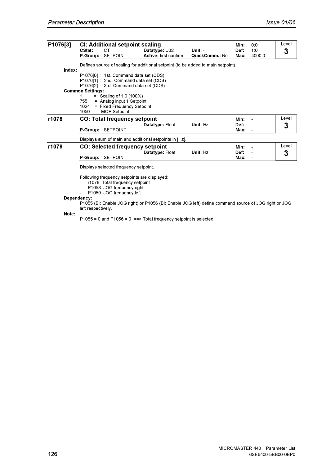 Siemens 440 P10763 CI Additional setpoint scaling, R1078 CO Total frequency setpoint, R1079 CO Selected frequency setpoint 