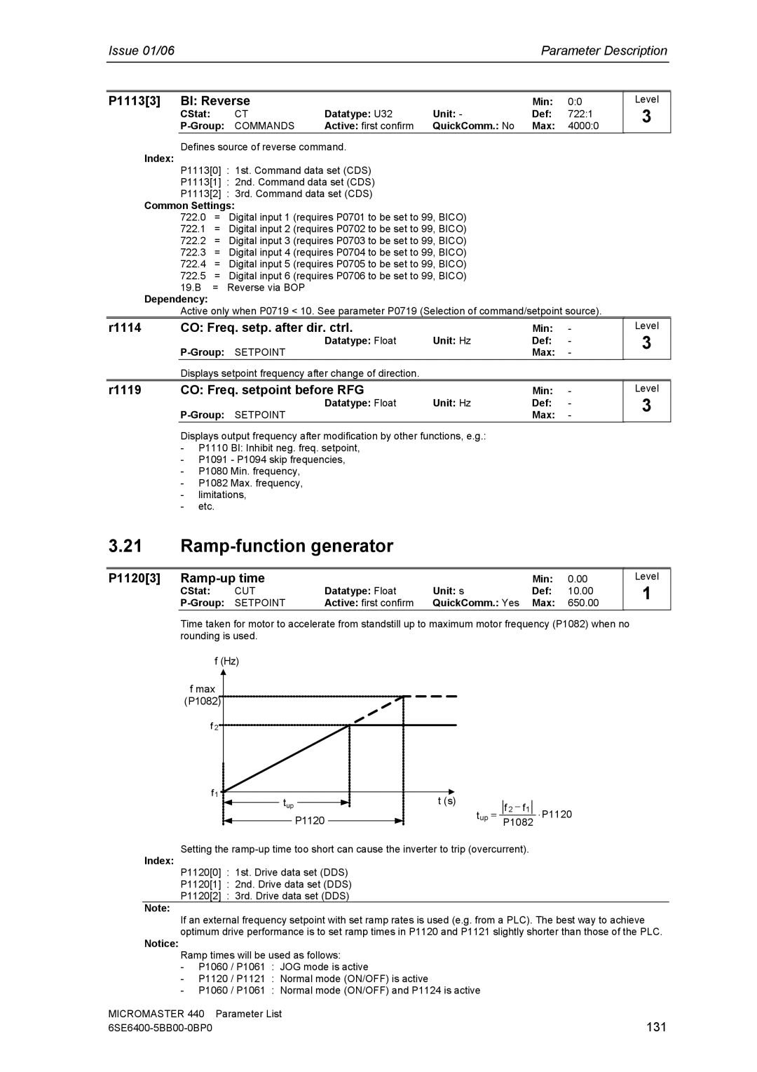 Siemens 440 manual Ramp-function generator, P11133 BI Reverse, R1114 CO Freq. setp. after dir. ctrl, P11203 Ramp-up time 