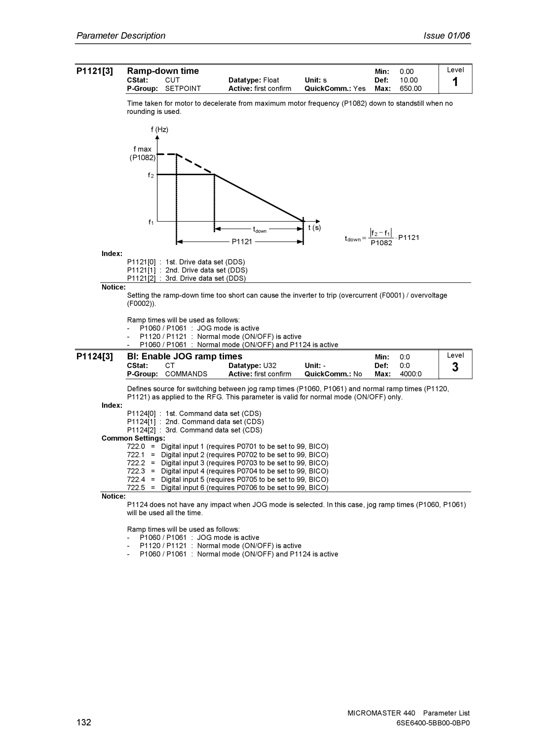 Siemens 440 manual P11213 Ramp-down time, P11243 BI Enable JOG ramp times, 132 