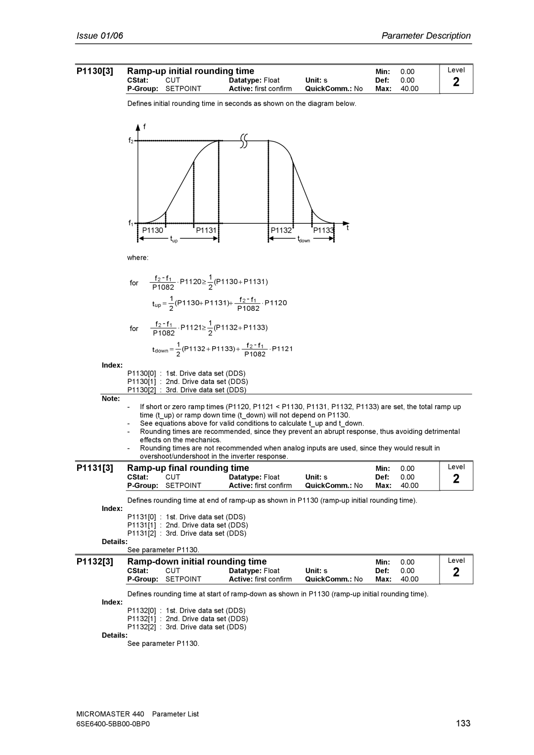 Siemens 440 manual P11303 Ramp-up initial rounding time, P11313 Ramp-up final rounding time, 133 