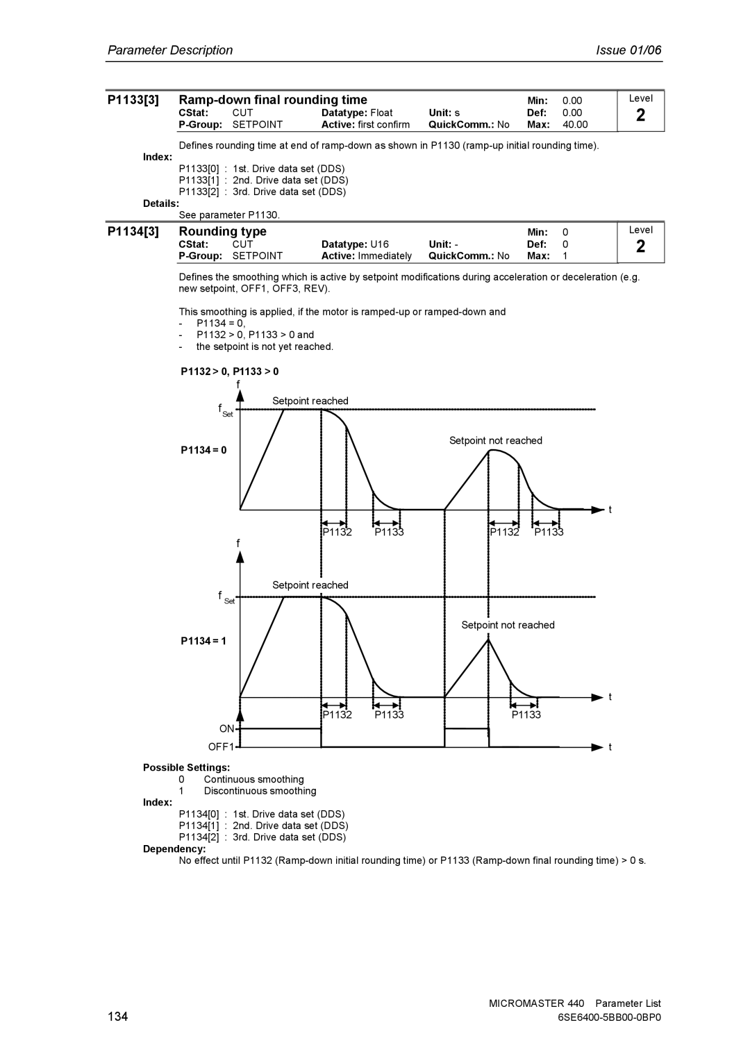 Siemens 440 manual P11333 Ramp-down final rounding time, P11343 Rounding type, P1132 0, P1133, P1134 = 