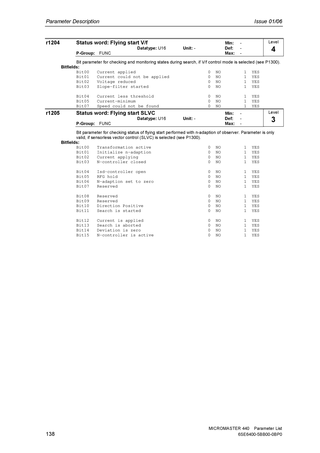 Siemens 440 manual R1204 Status word Flying start V/f, R1205 Status word Flying start Slvc, 138 