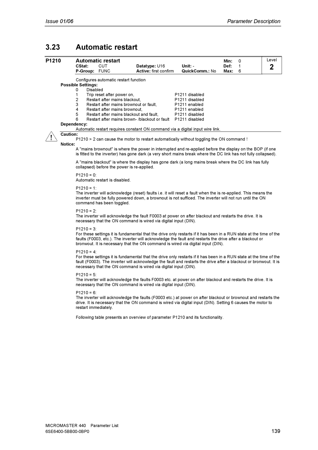 Siemens 440 manual P1210 Automatic restart, 139 