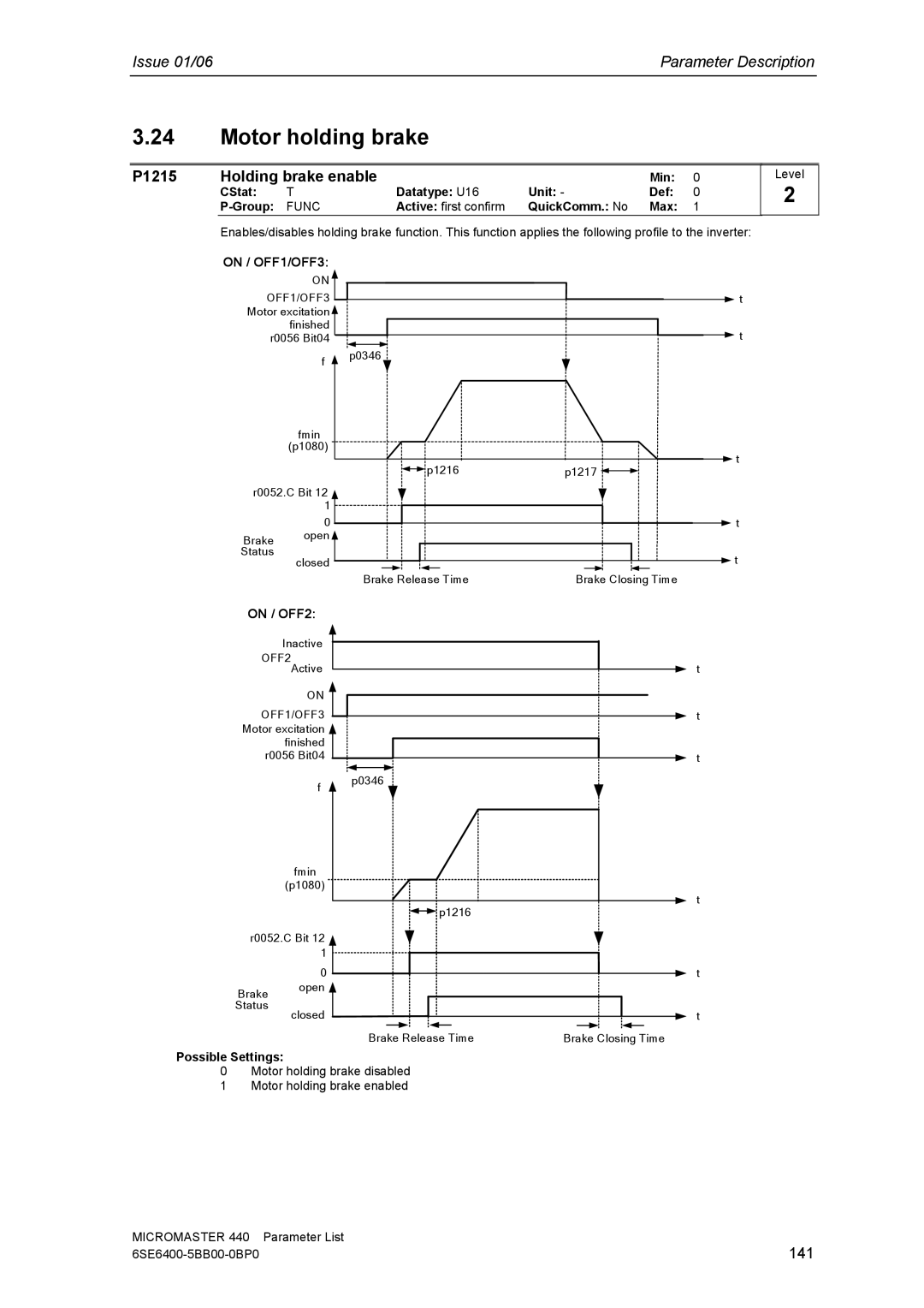 Siemens 440 manual Motor holding brake, P1215 Holding brake enable, 141 