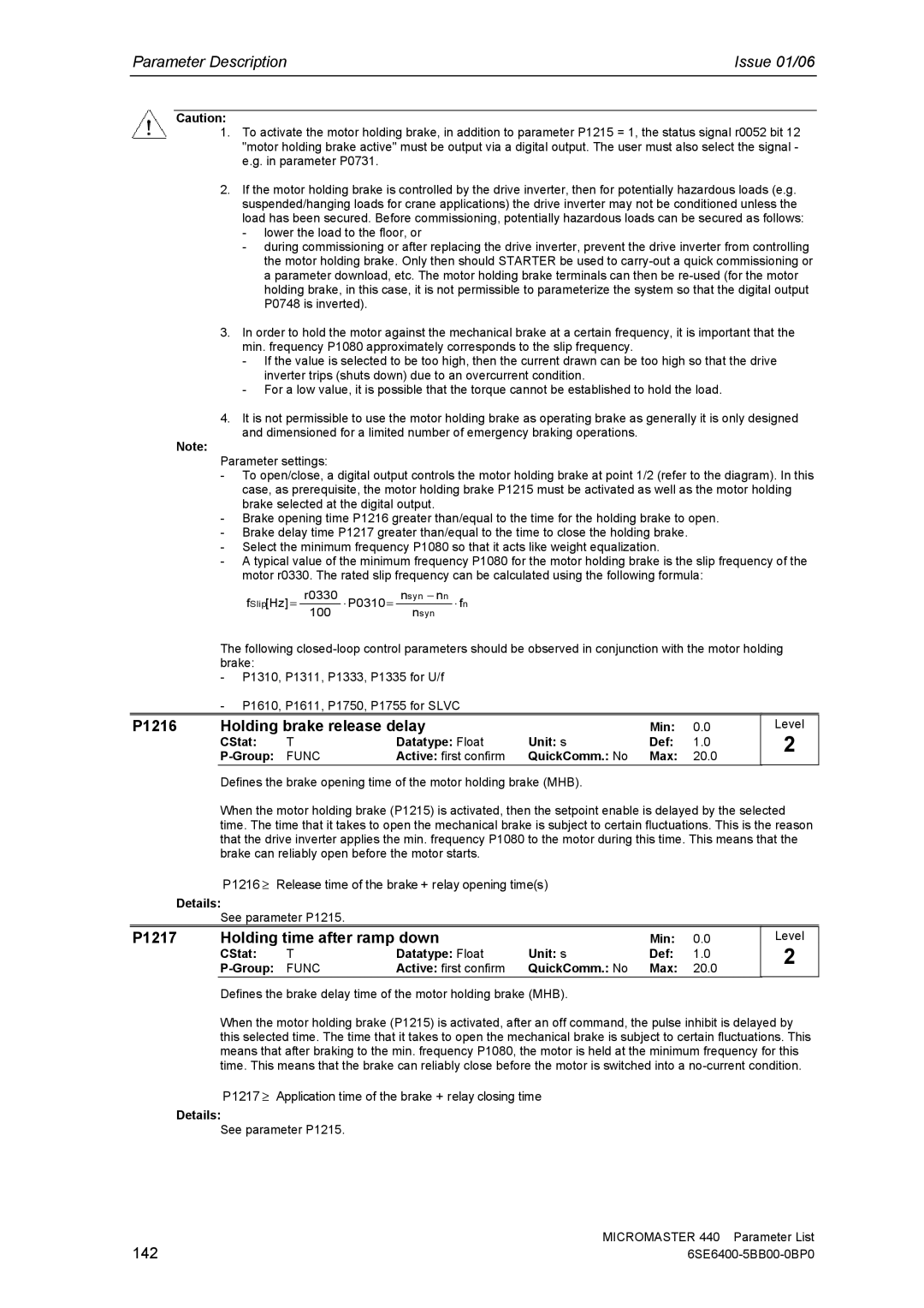 Siemens 440 manual P1216 Holding brake release delay, P1217 Holding time after ramp down, 142 