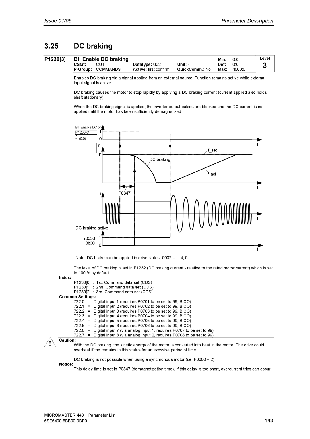 Siemens 440 manual P12303 BI Enable DC braking, 143 