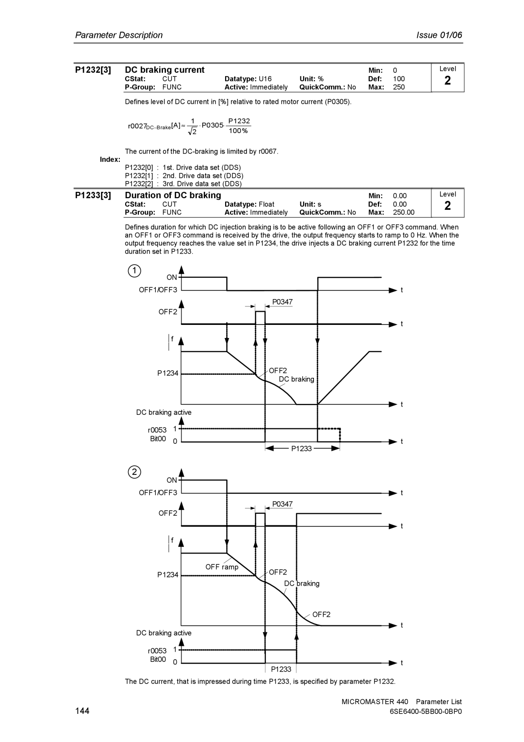 Siemens 440 manual P12323 DC braking current, P12333 Duration of DC braking, 144, Active Immediately QuickComm. No Max 250 