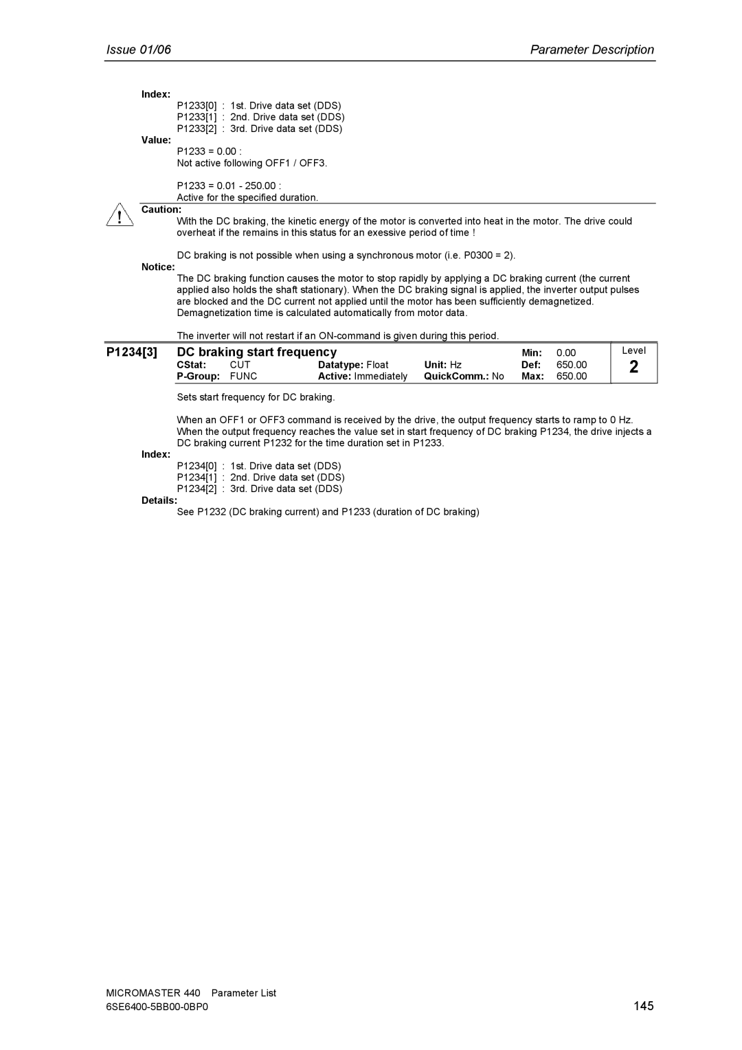 Siemens 440 manual P12343 DC braking start frequency, 145, Datatype Float Unit Hz Def 650.00 Group 