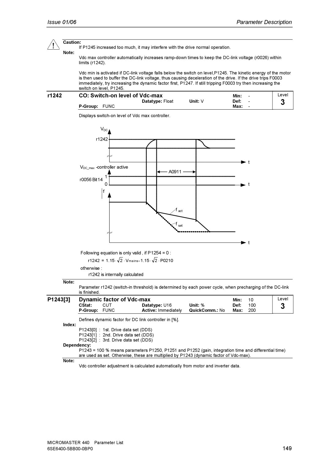 Siemens 440 manual R1242 CO Switch-on level of Vdc-max, P12433 Dynamic factor of Vdc-max, 149 