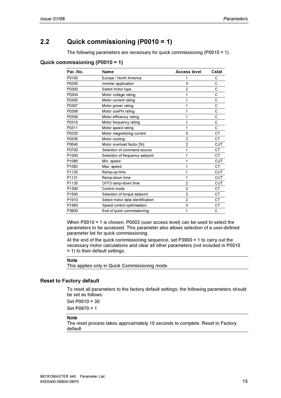 Siemens 440 manual Quick commissioning P0010 =, Reset to Factory default 