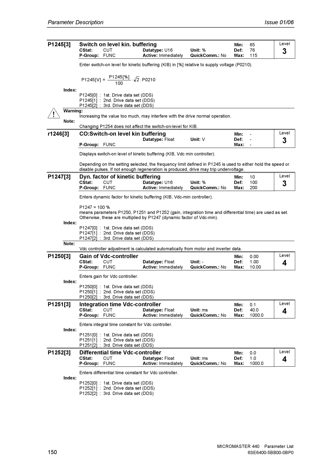 Siemens 440 P12453 Switch on level kin. buffering, R12463 COSwitch-on level kin buffering, P12503 Gain of Vdc-controller 