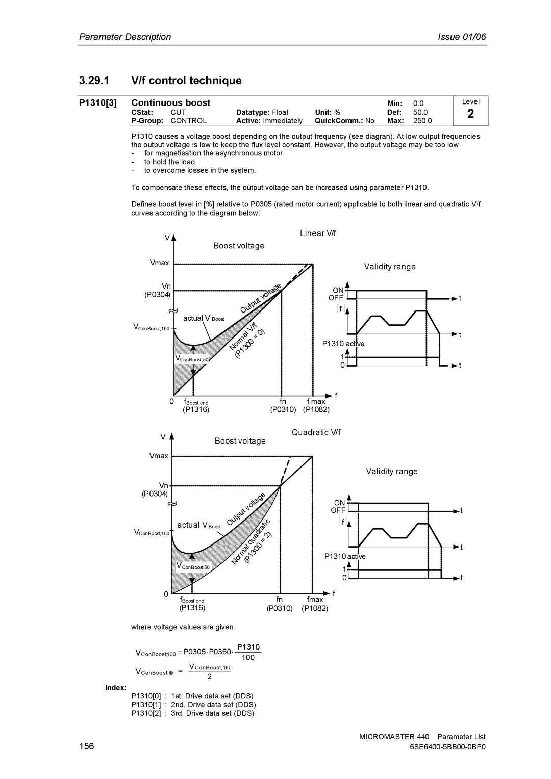 Siemens 440 P13103 Continuous boost, 156, Datatype Float Unit % Def 50.0 Group, Active Immediately QuickComm. No Max 250.0 